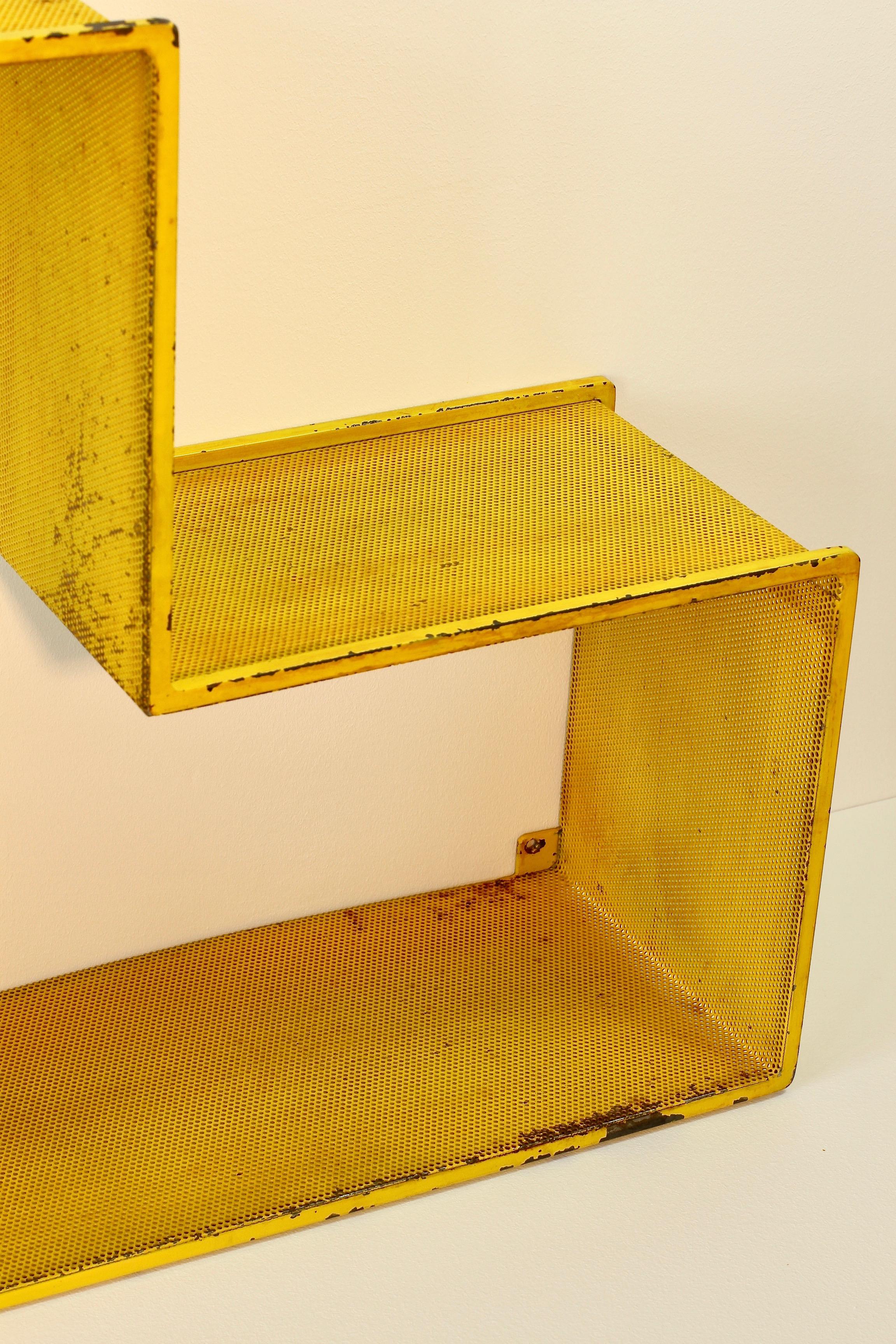 Industrial Vintage Mid-Century Perforated Yellow Metal Bookshelf or Shelves 1