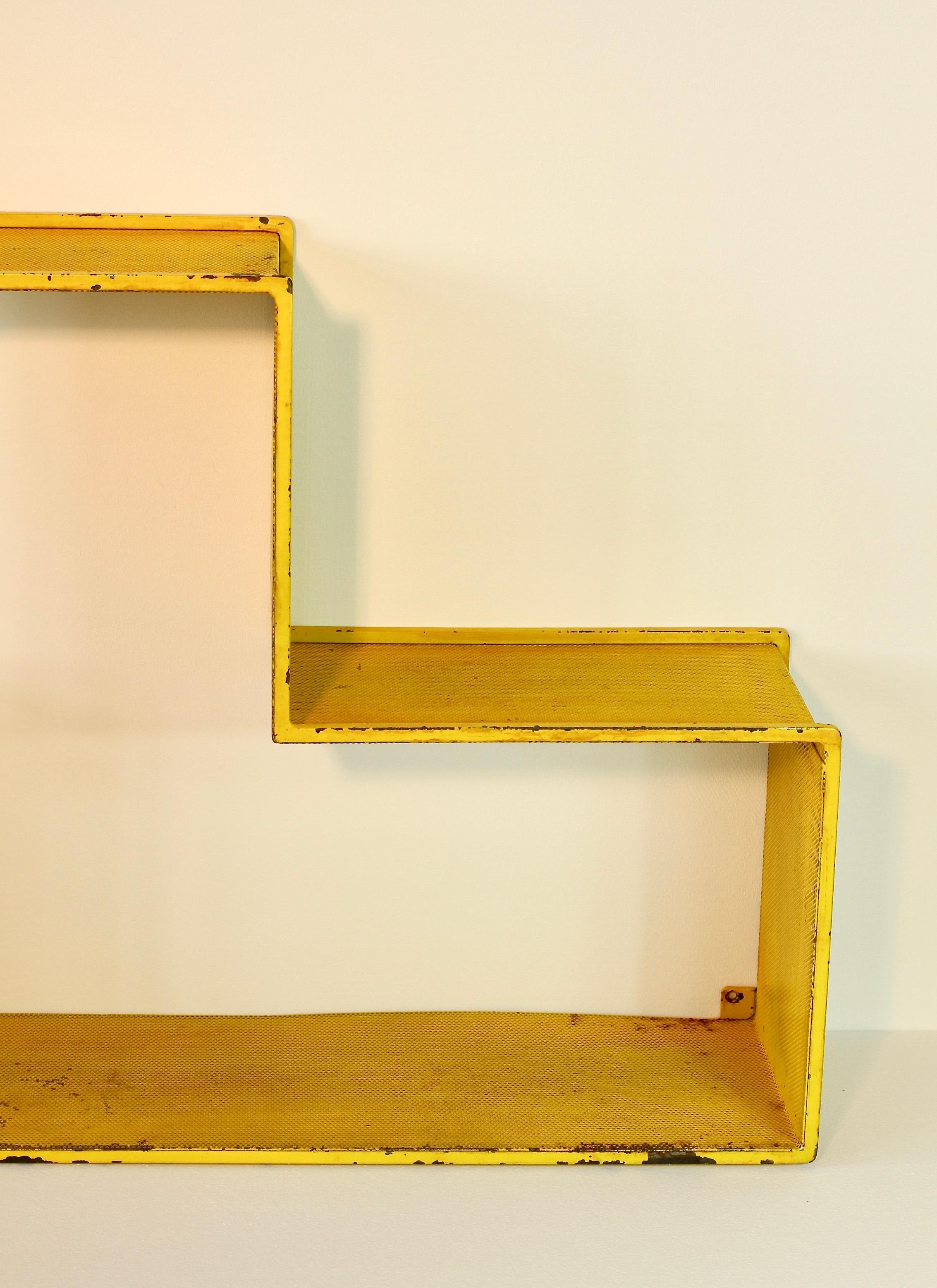 Mid-Century Modern Industrial Vintage Mid-Century Perforated Yellow Metal Bookshelf or Shelves