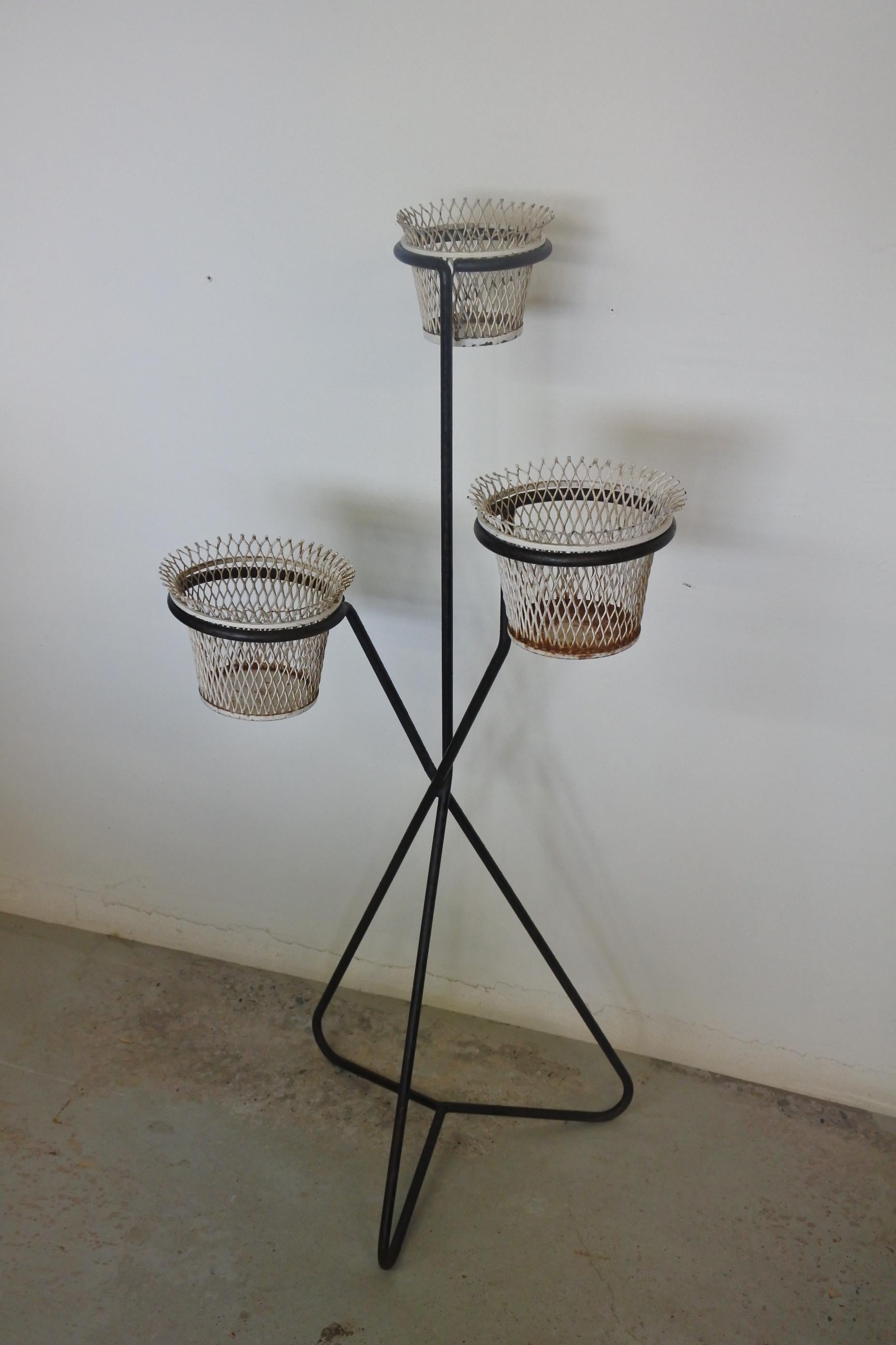 Mathieu Matégot Documented Metal Plant Stand and Planters, France, 1950s 10