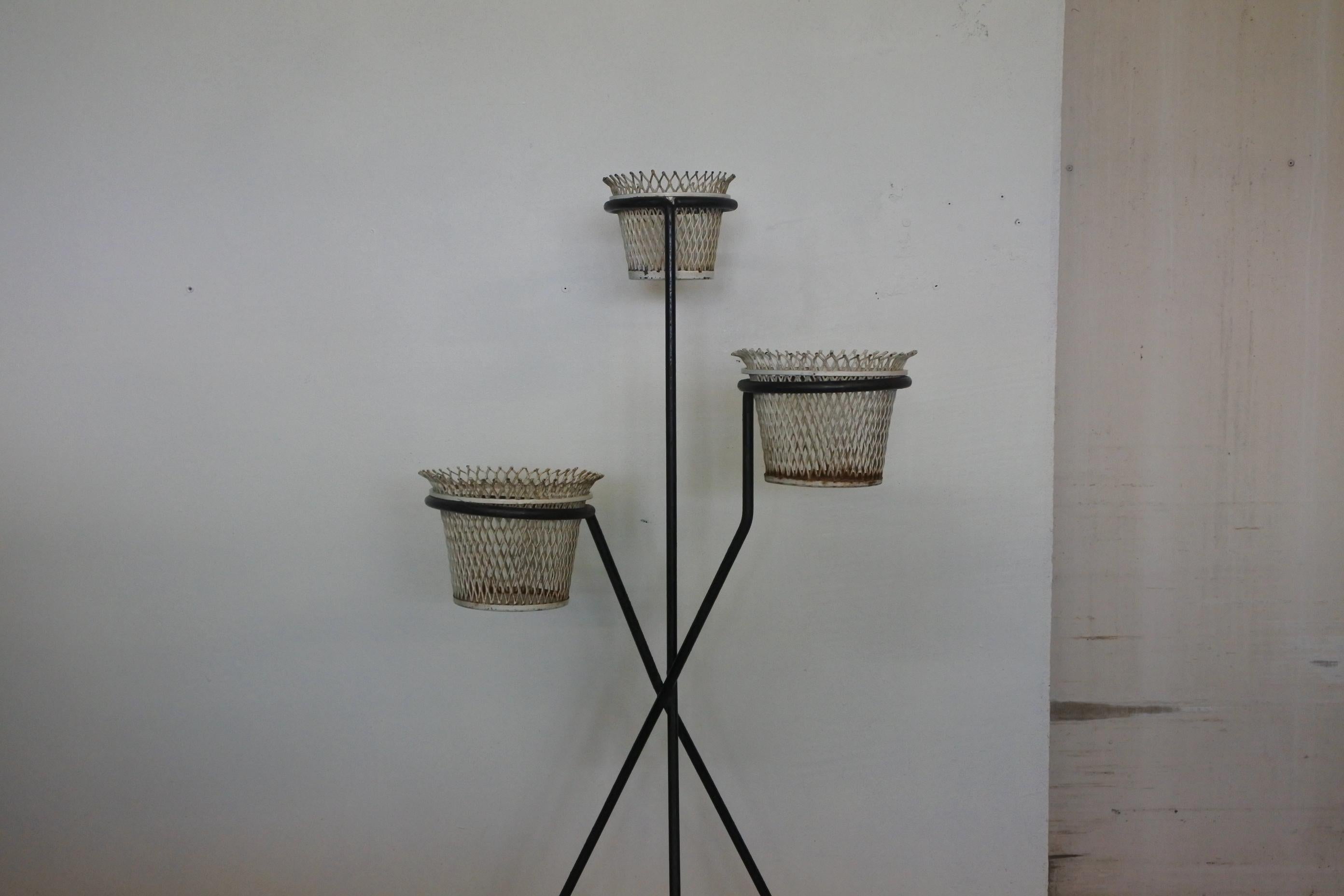 Mid-Century Modern Mathieu Matégot Documented Metal Plant Stand and Planters, France, 1950s