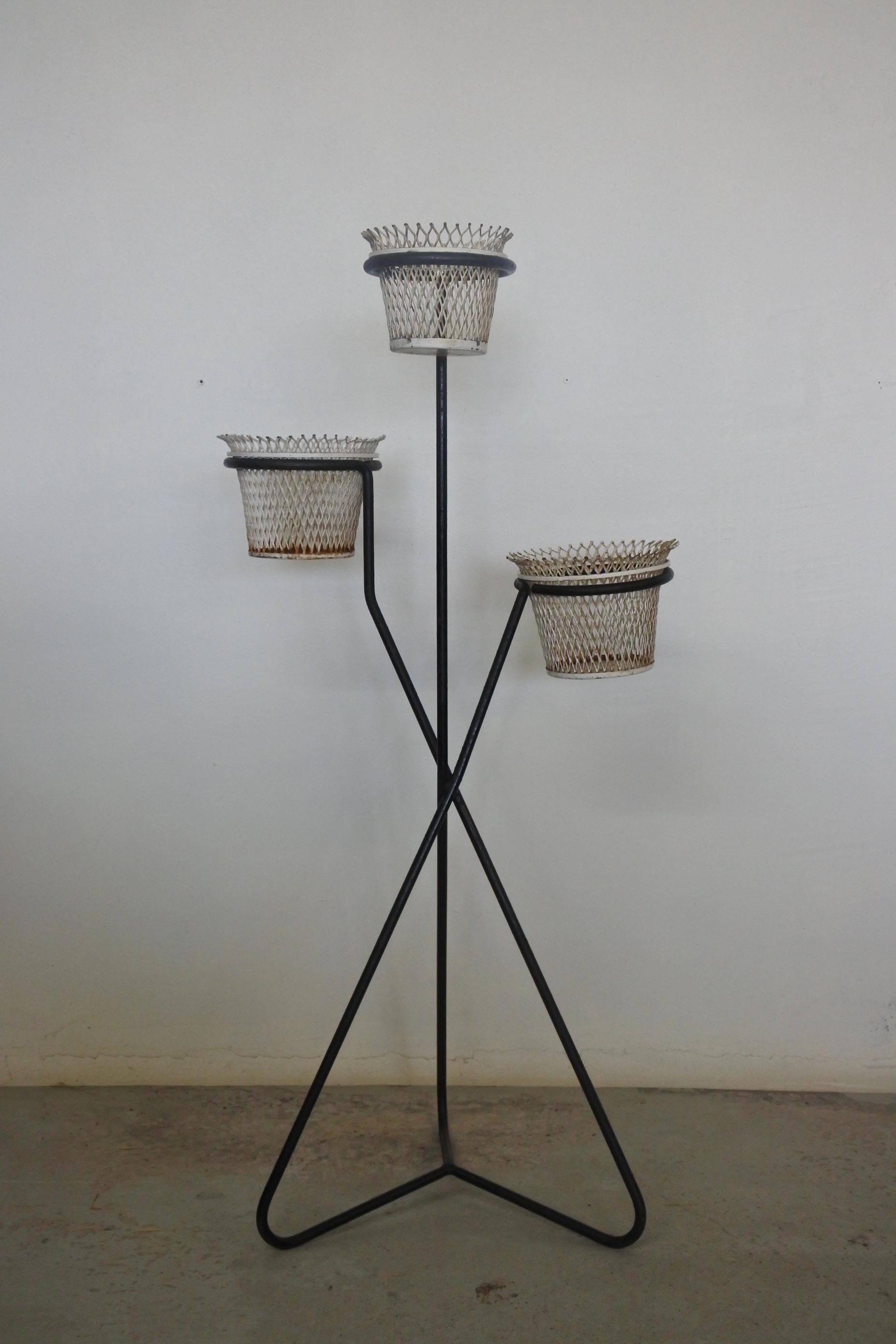 Mathieu Matégot Documented Metal Plant Stand and Planters, France, 1950s In Good Condition In La Teste De Buch, FR