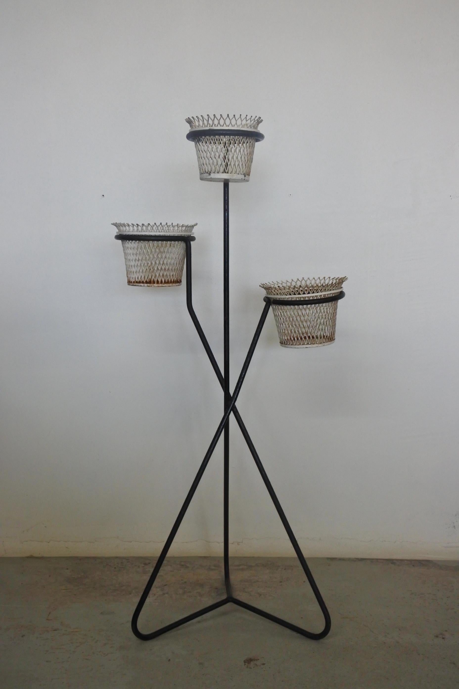 Mathieu Matégot Documented Metal Plant Stand and Planters, France, 1950s In Good Condition In La Teste De Buch, FR