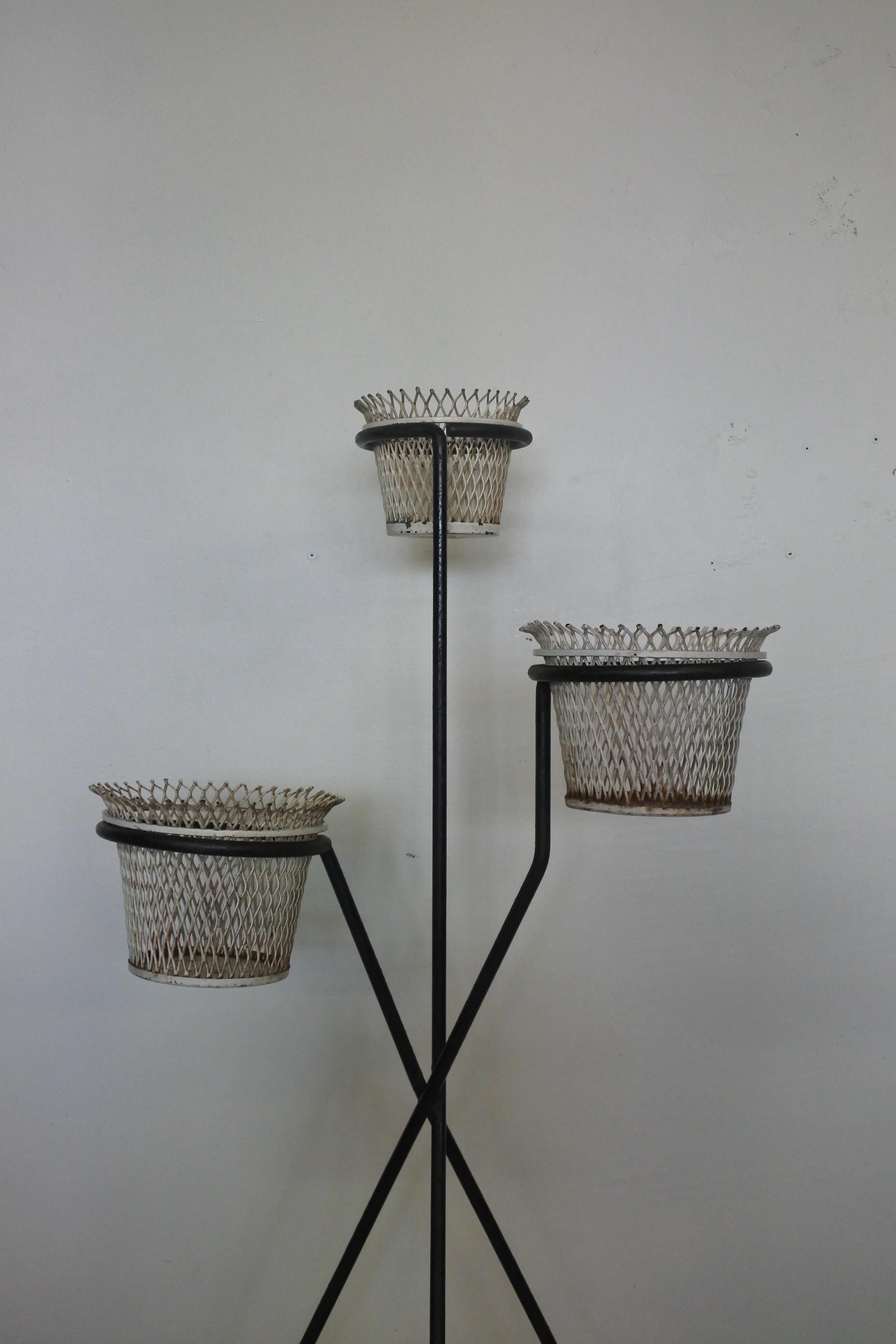 20th Century Mathieu Matégot Documented Metal Plant Stand and Planters, France, 1950s