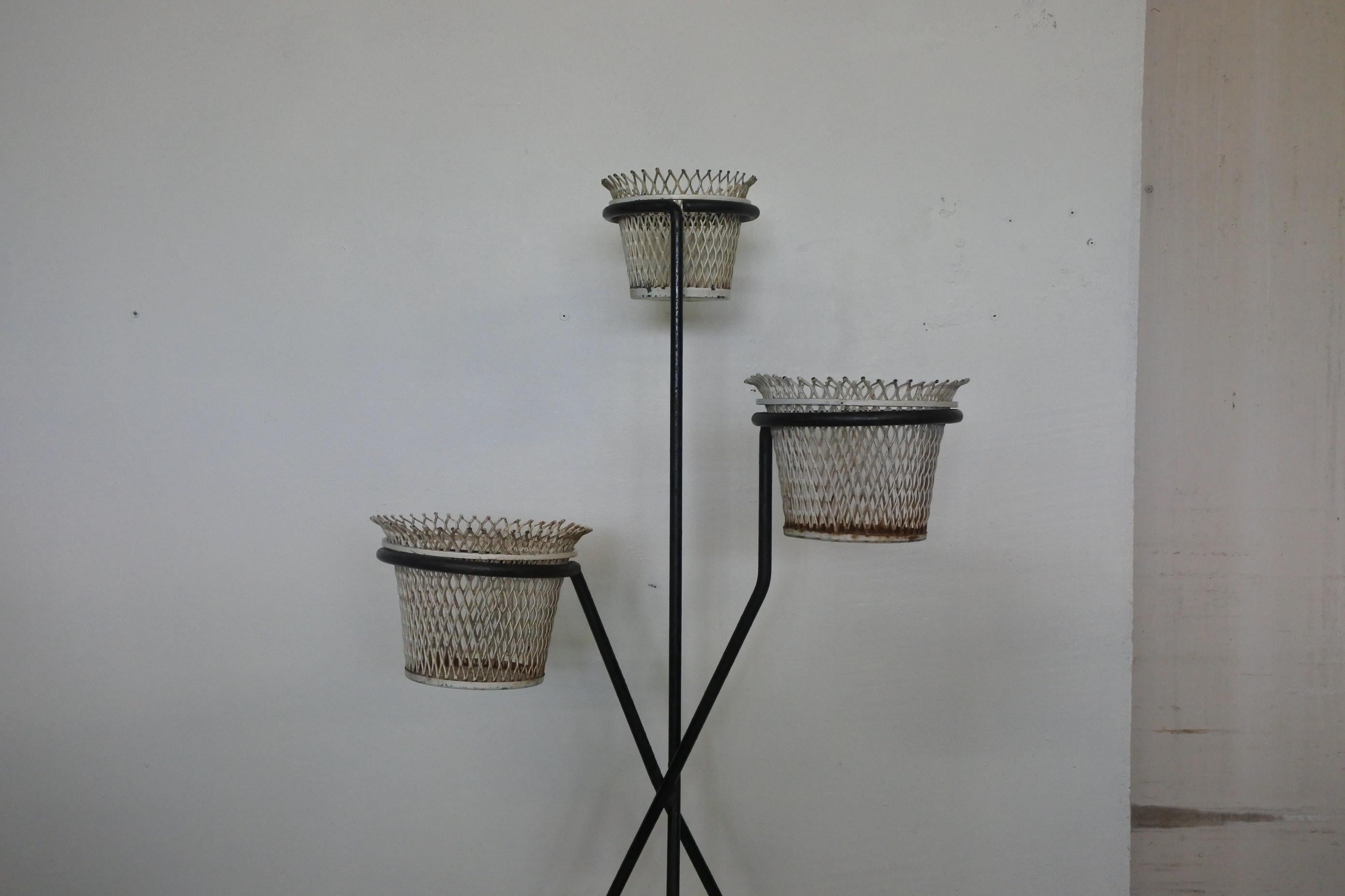 Mathieu Matégot Documented Metal Plant Stand and Planters, France, 1950s 1