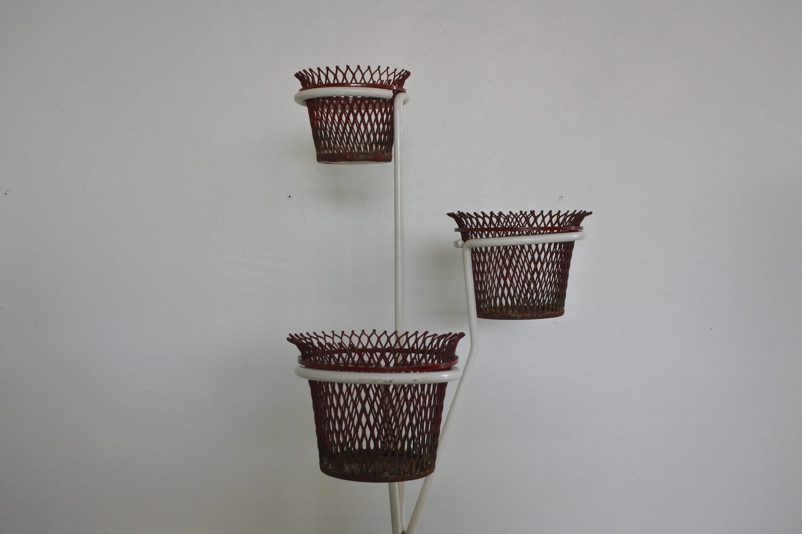 20th Century Mathieu Matégot Documented Metal Plant Stand and Planters, France, 1950s