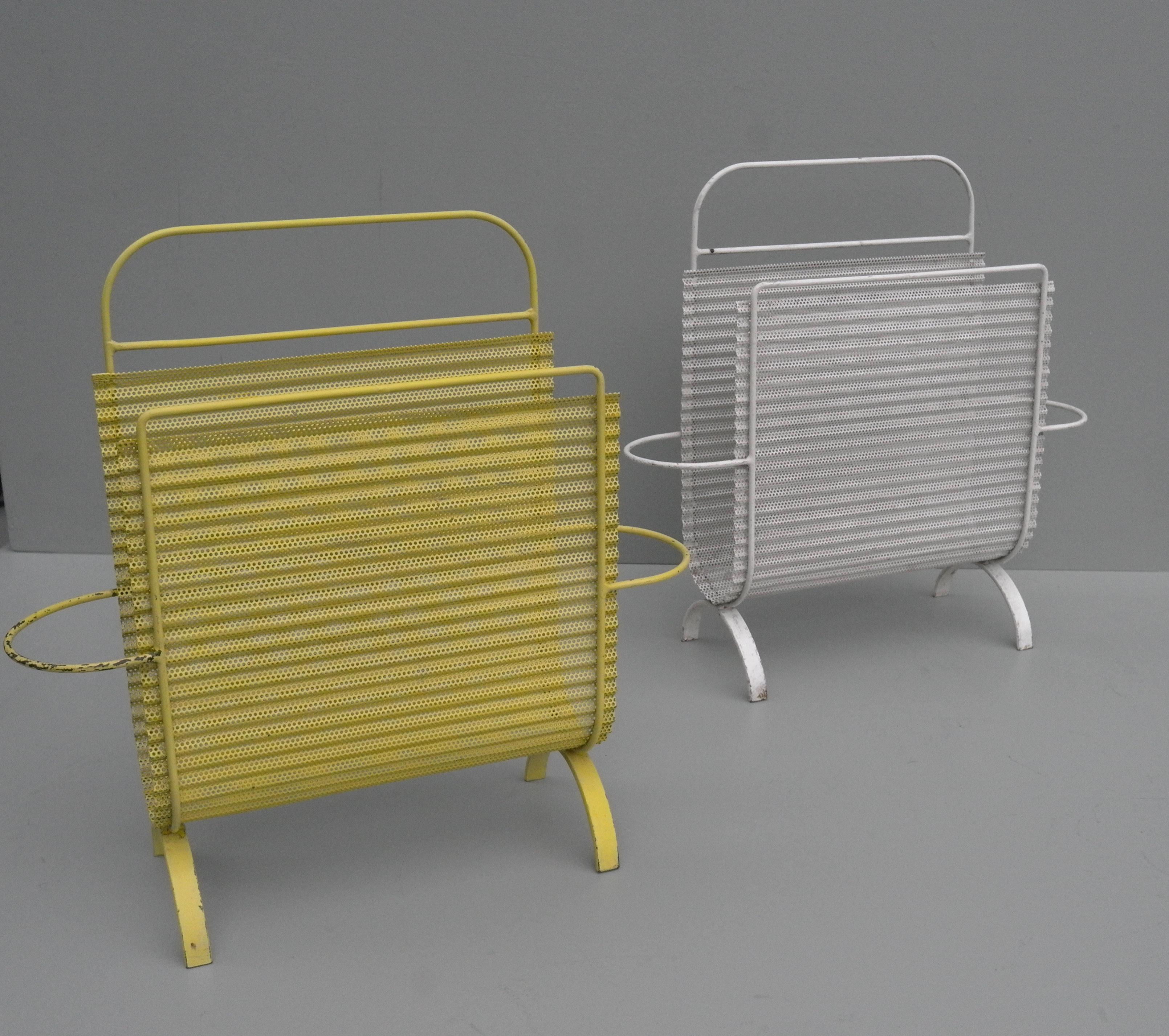 Pair of Mathieu Matégot Folded Yellow and White Metal Magazine Holders, France, 1950s