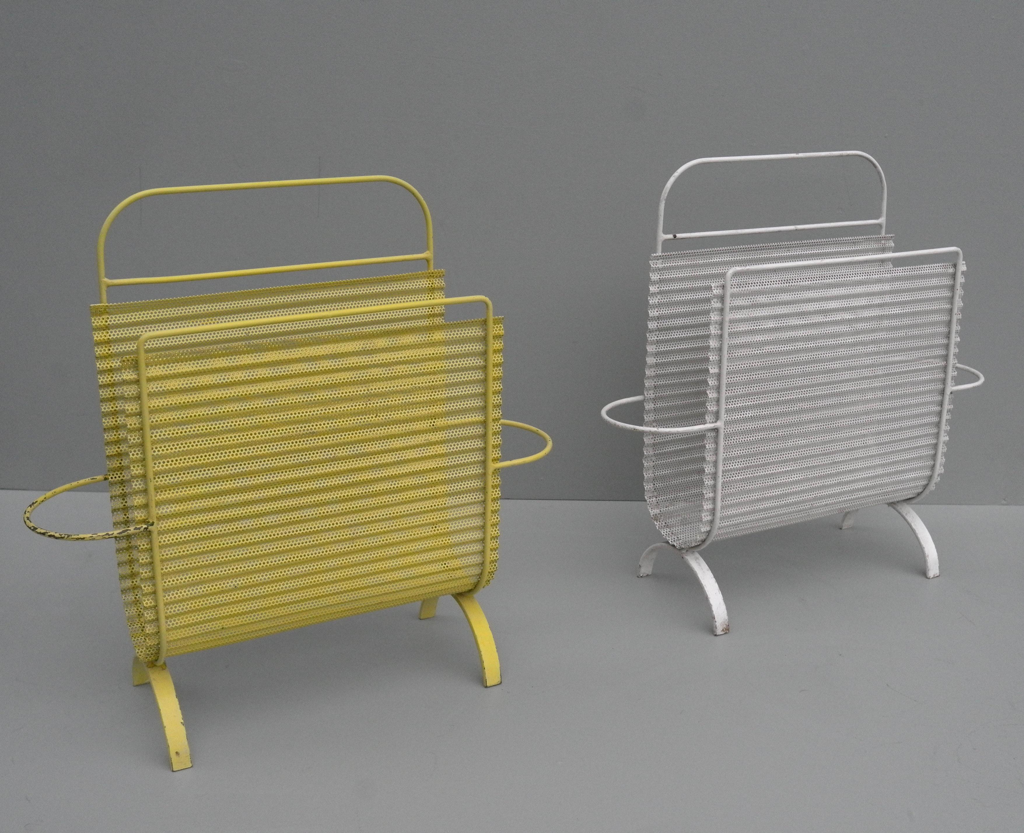 Mid-Century Modern Mathieu Matégot Folded Yellow and White Metal Magazine Holders, France 1950s For Sale