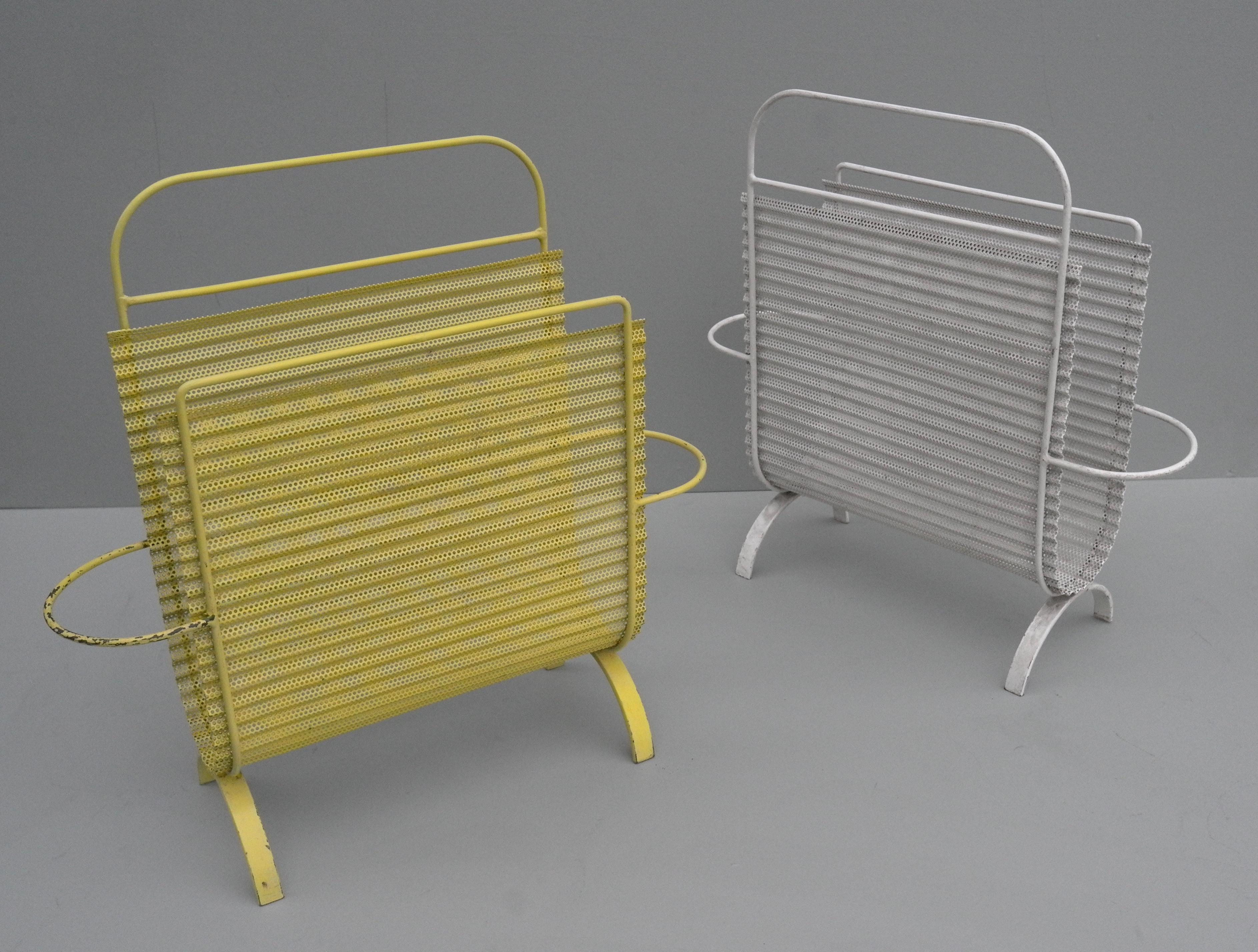 French Mathieu Matégot Folded Yellow and White Metal Magazine Holders, France 1950s For Sale