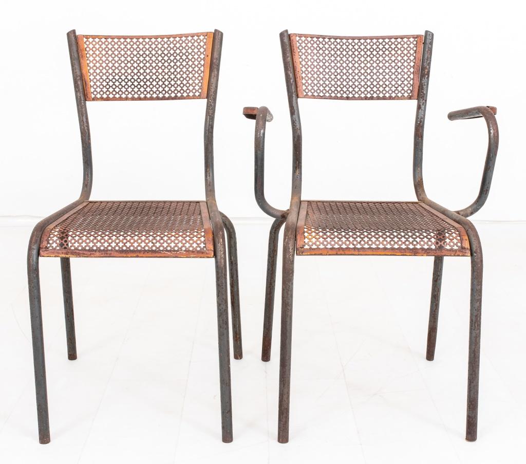 Mathieu Mategot (French-Hungarian, 1910 - 2001) Modernist Mid-Century set of one armchair and one side chair, bent tubular steel with copper plated perforated metal seats, backs and armrests, circa 1950.

Dimensions: 31