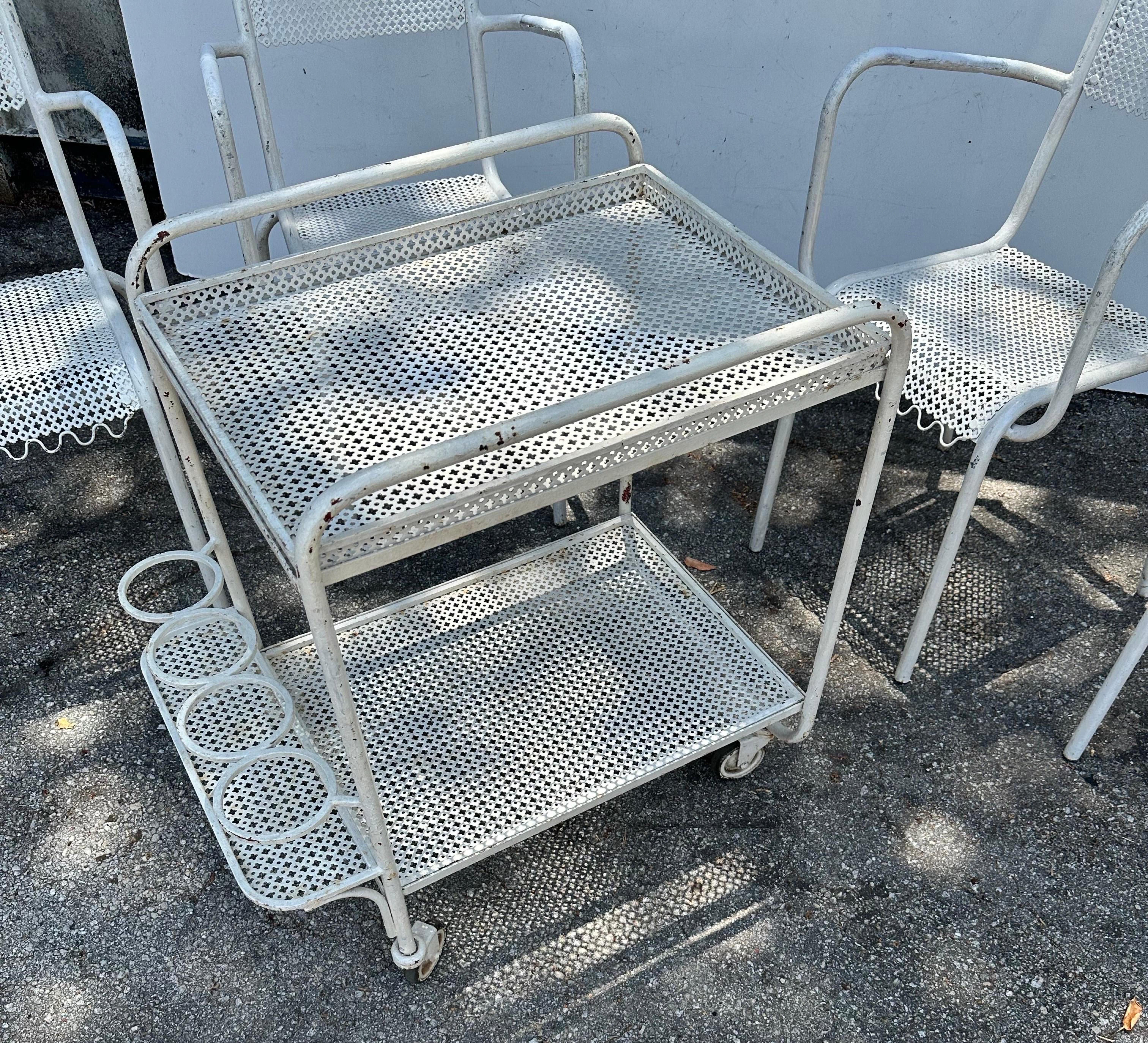 Mathieu Mategot Style Garden set , 4 armchair and 1 bar cart 
Armchair dimensions: 30 H , 19 W   19 D 
Bar cart : 28 H , 18 W , 27 D 
Removal tray : 22/16
