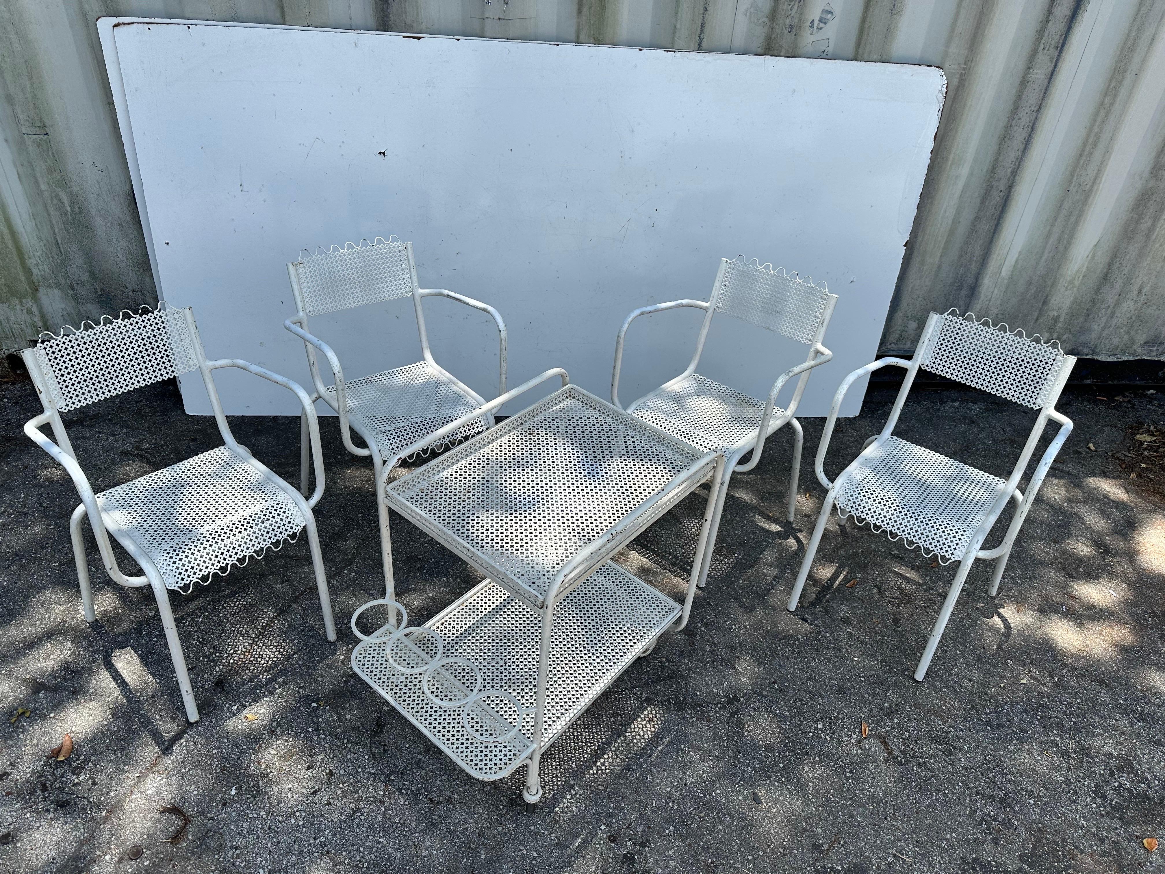Mathieu Mategot Garden Set 4 armchair and 1 Bar Cart For Sale 1