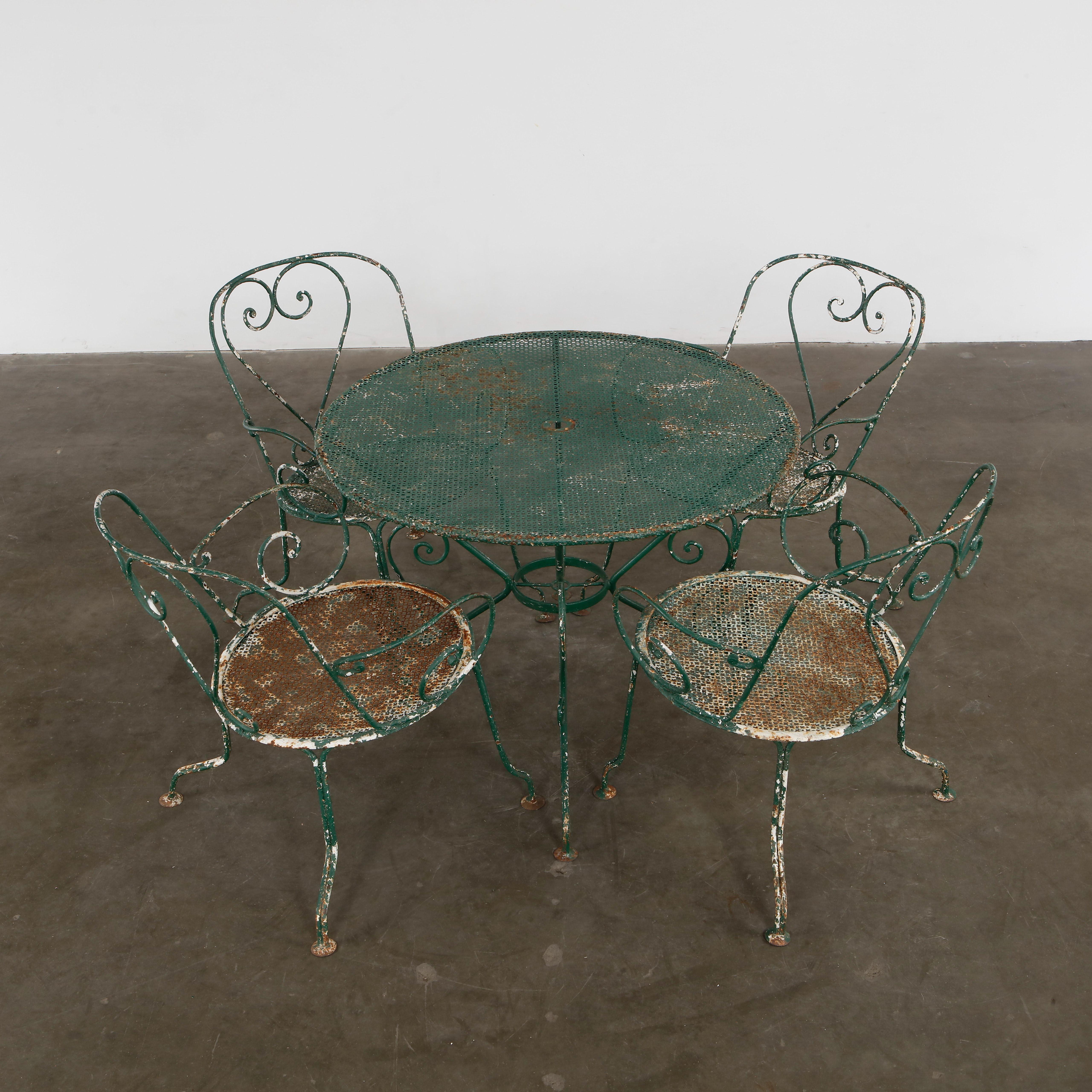 Mid-Century Modern Mathieu Mategot, Green Outdoor Perforated Dining Set, 1950s For Sale