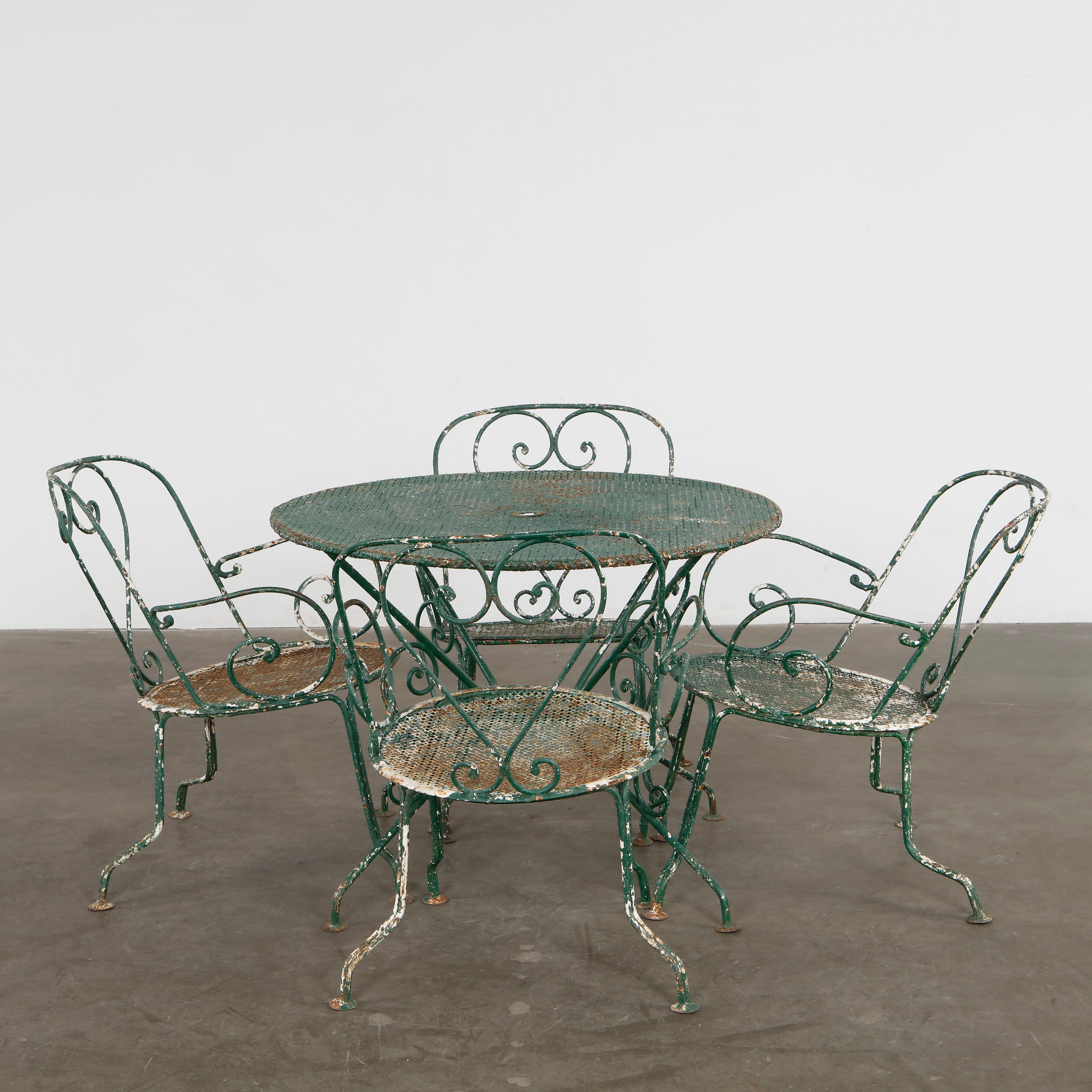 French Mathieu Mategot, Green Outdoor Perforated Dining Set, 1950s For Sale