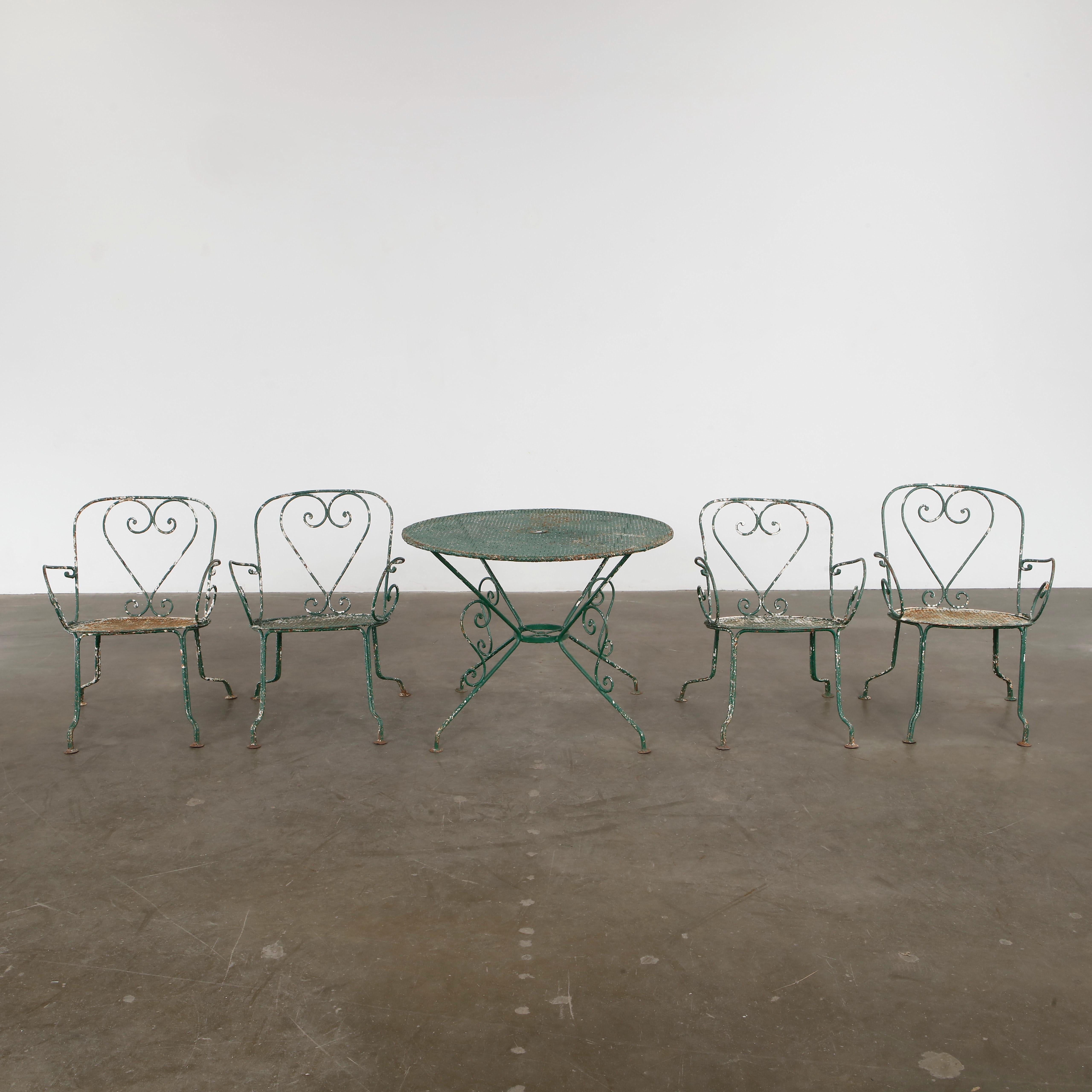 Mathieu Mategot, Green Outdoor Perforated Dining Set, 1950s In Fair Condition For Sale In Gardena, CA