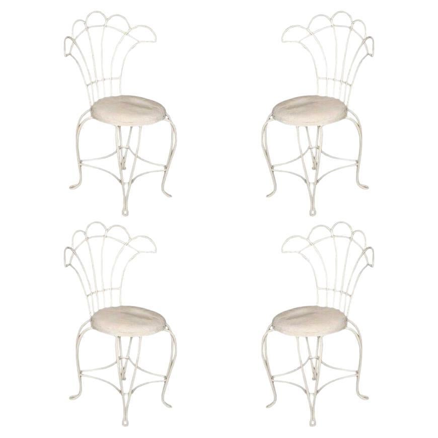 Mathieu Mategot Inspired French Wrought Iron Fan Back Patio Chairs, Set of Four For Sale