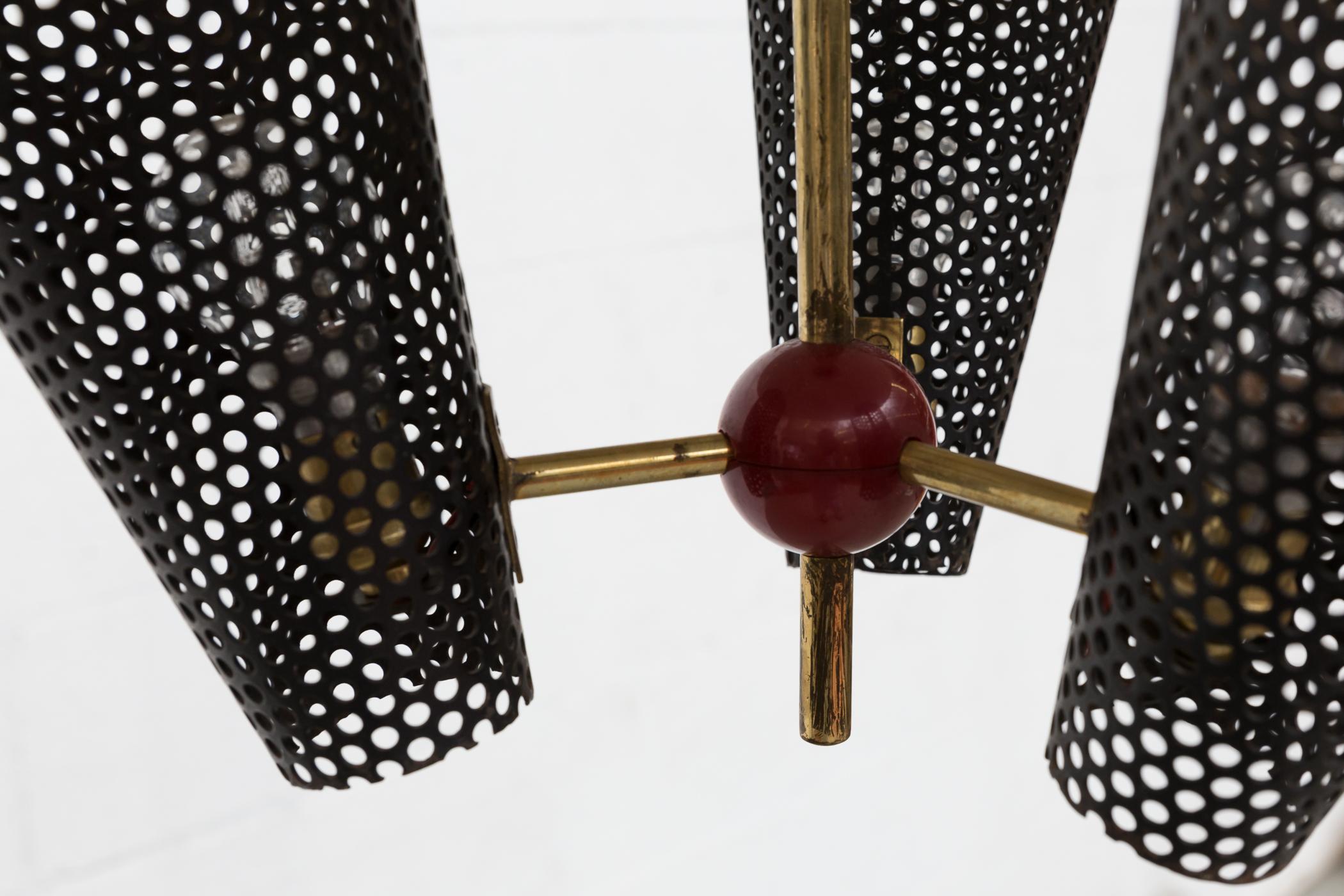 Mategot Inspired Red and Black Mid-Century Modern French Chandelier, 1950's In Good Condition For Sale In Los Angeles, CA