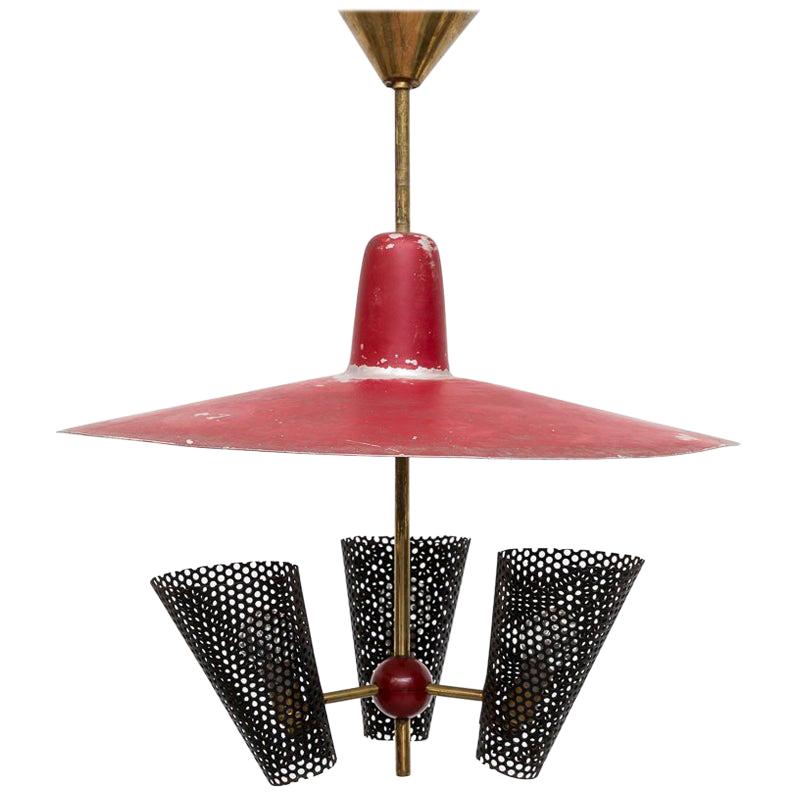Mategot Inspired Red and Black Mid-Century Modern French Chandelier, 1950's For Sale
