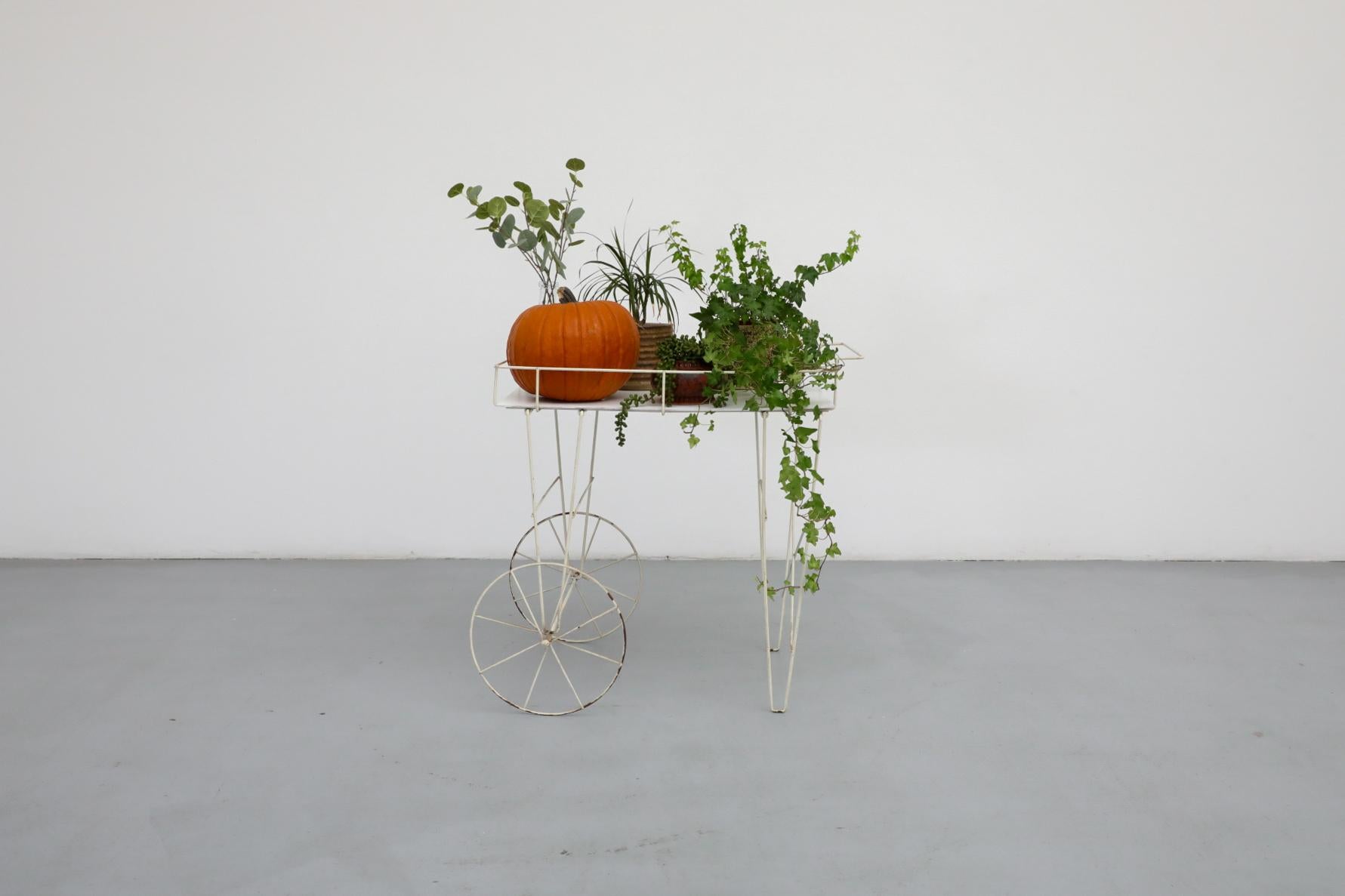 Mathieu Mategot Inspired Wire Frame Rolling Flower Cart with Plywood Tray For Sale 8