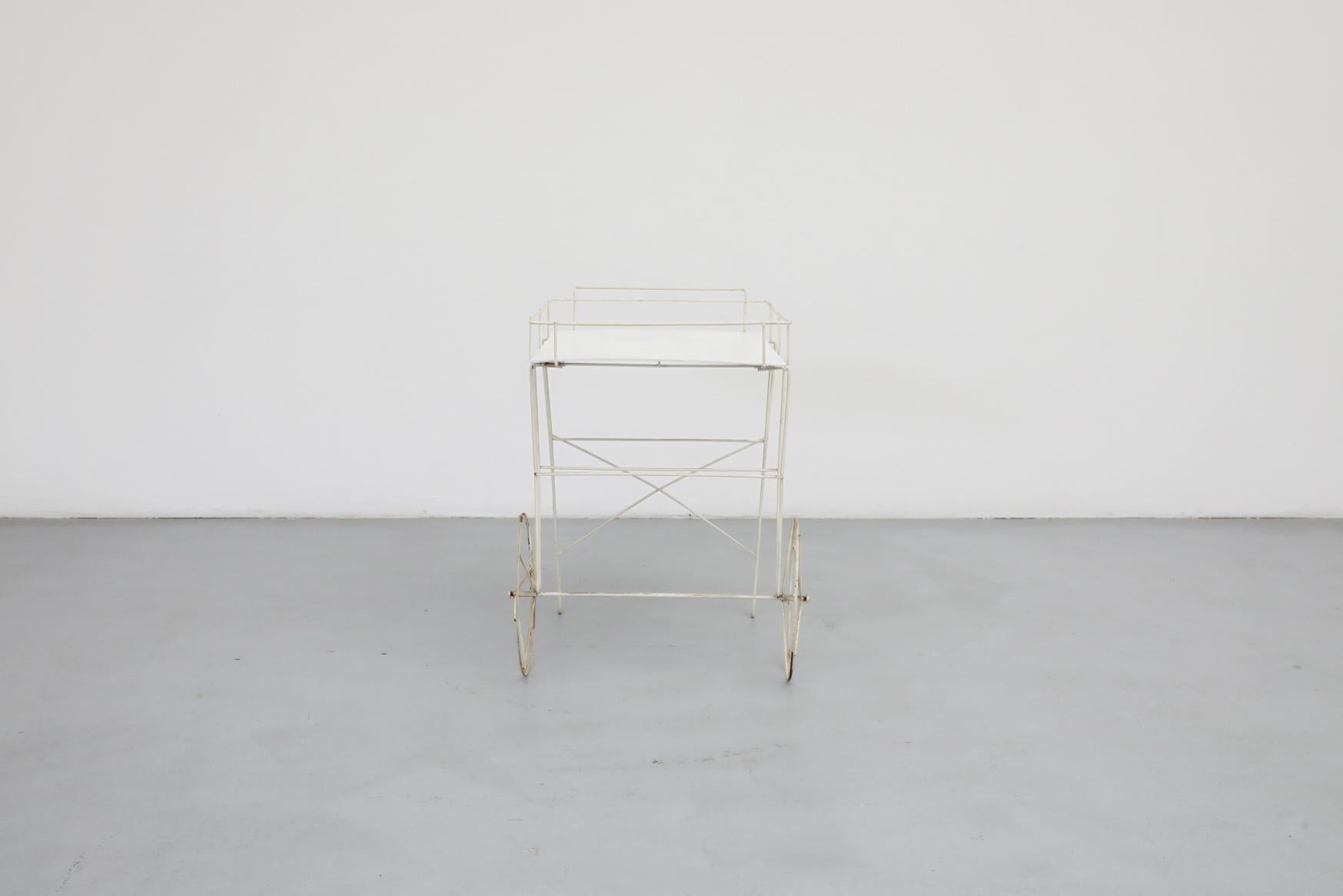 Mid-Century Modern Mathieu Mategot Inspired Wire Frame Rolling Flower Cart with Plywood Tray For Sale