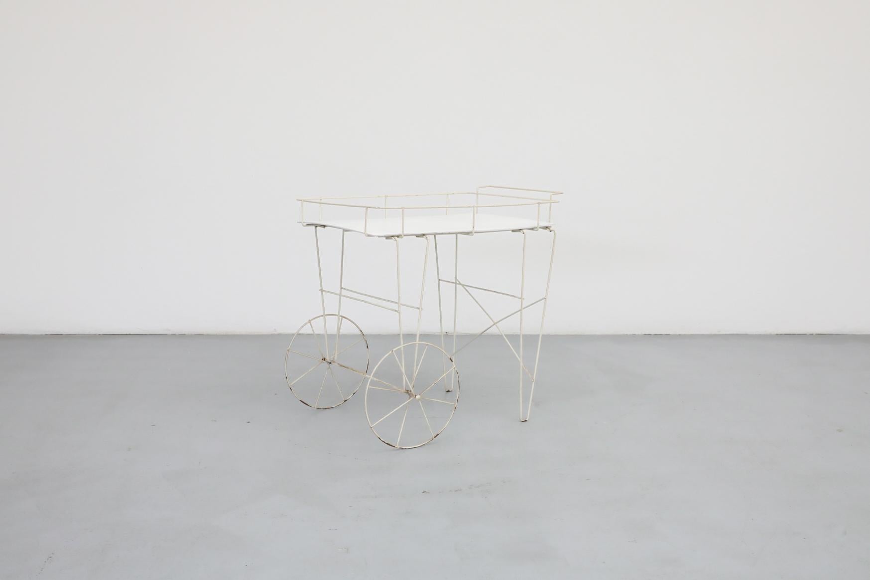 Dutch Mathieu Mategot Inspired Wire Frame Rolling Flower Cart with Plywood Tray For Sale