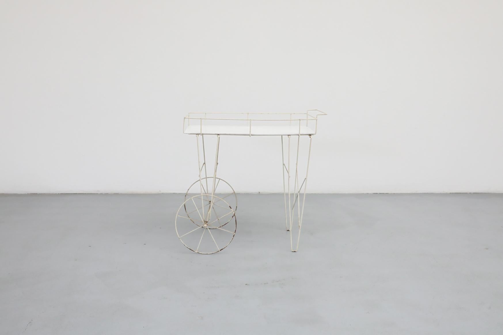 Enameled Mathieu Mategot Inspired Wire Frame Rolling Flower Cart with Plywood Tray For Sale