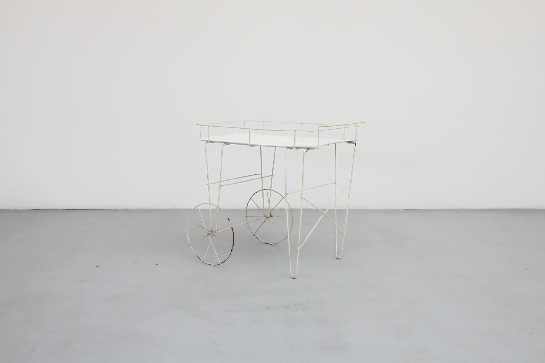 Mathieu Mategot Inspired Wire Frame Rolling Flower Cart with Plywood Tray In Good Condition For Sale In Los Angeles, CA