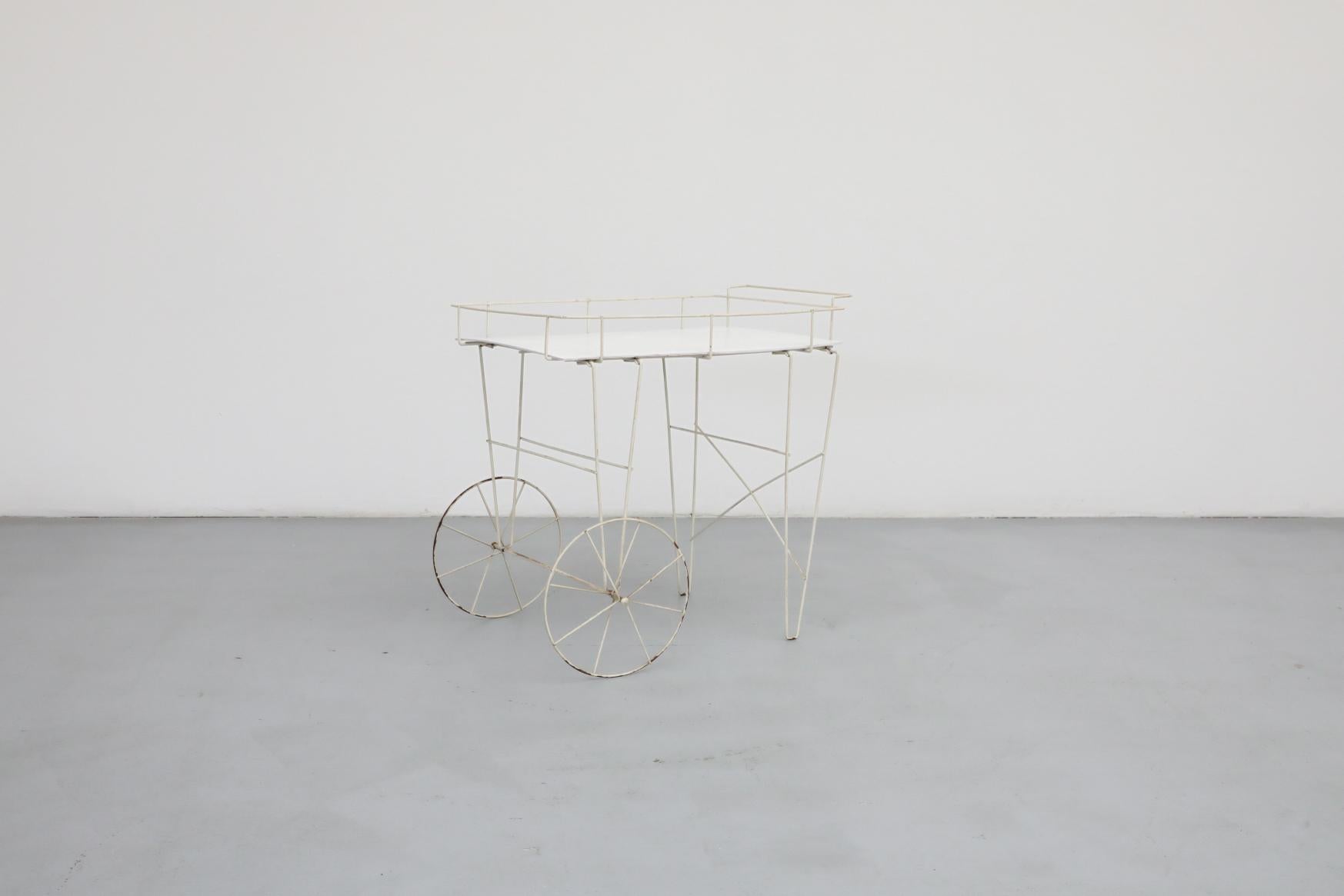 20th Century Mathieu Mategot Inspired Wire Frame Rolling Flower Cart with Plywood Tray For Sale
