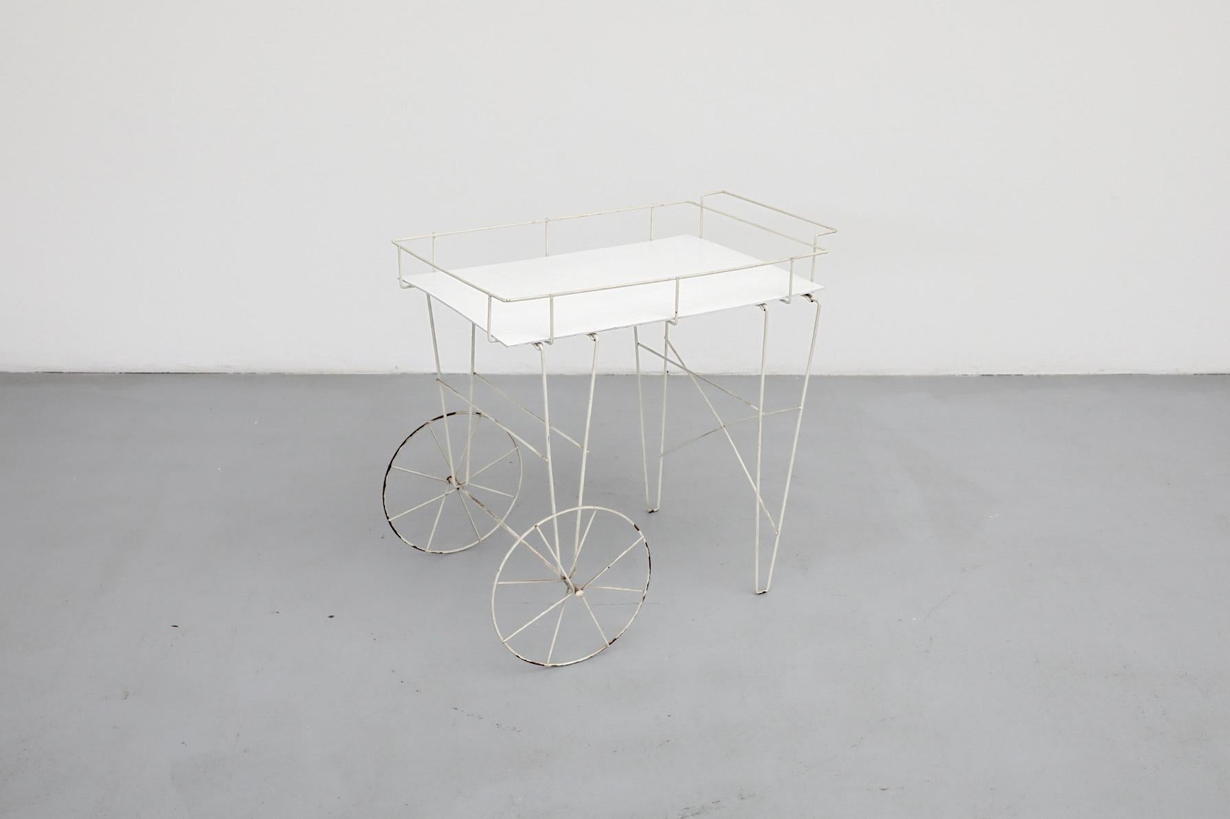 Mathieu Mategot Inspired Wire Frame Rolling Flower Cart with Plywood Tray For Sale 1
