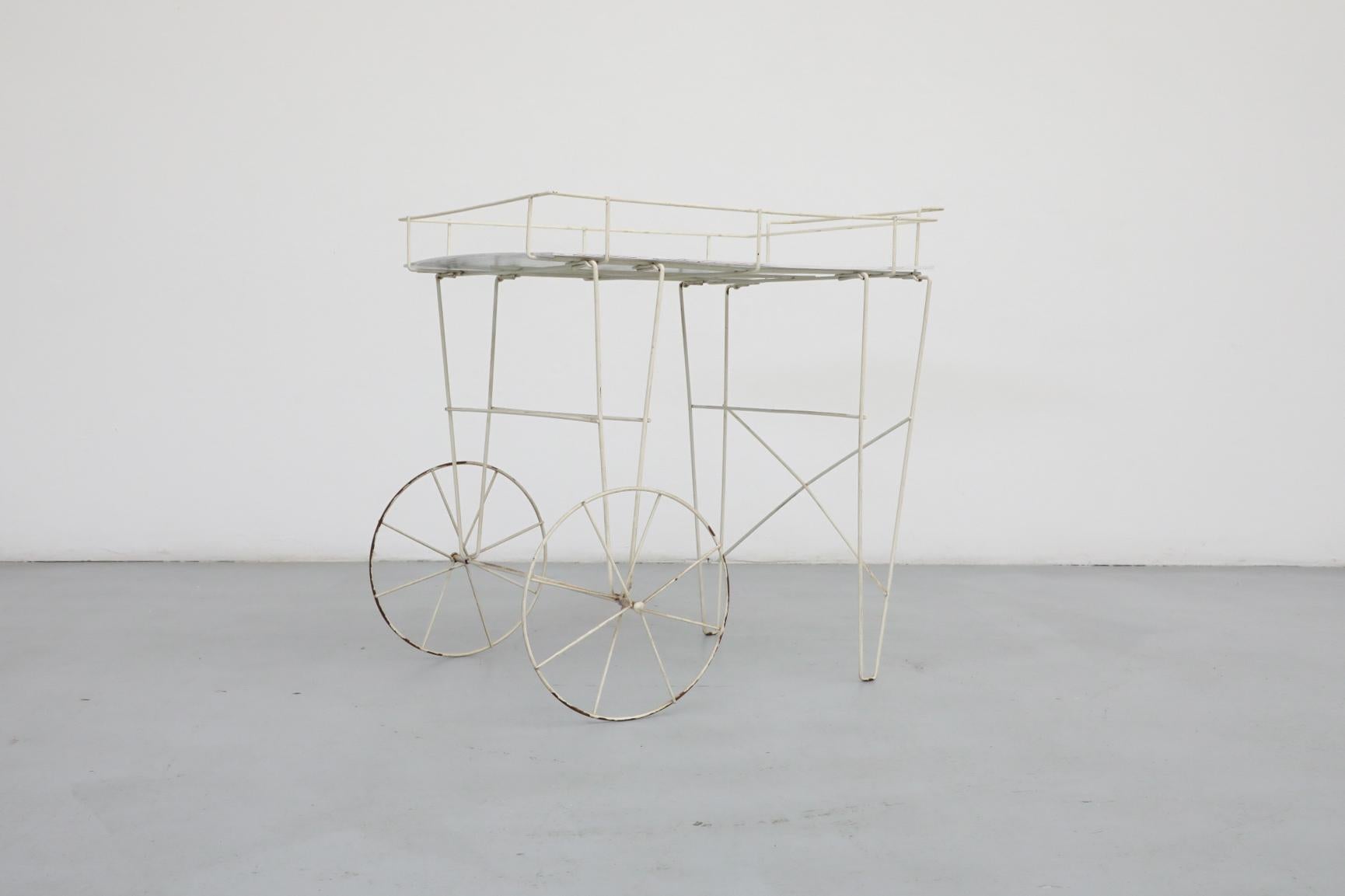 Mathieu Mategot Inspired Wire Frame Rolling Flower Cart with Plywood Tray For Sale 2