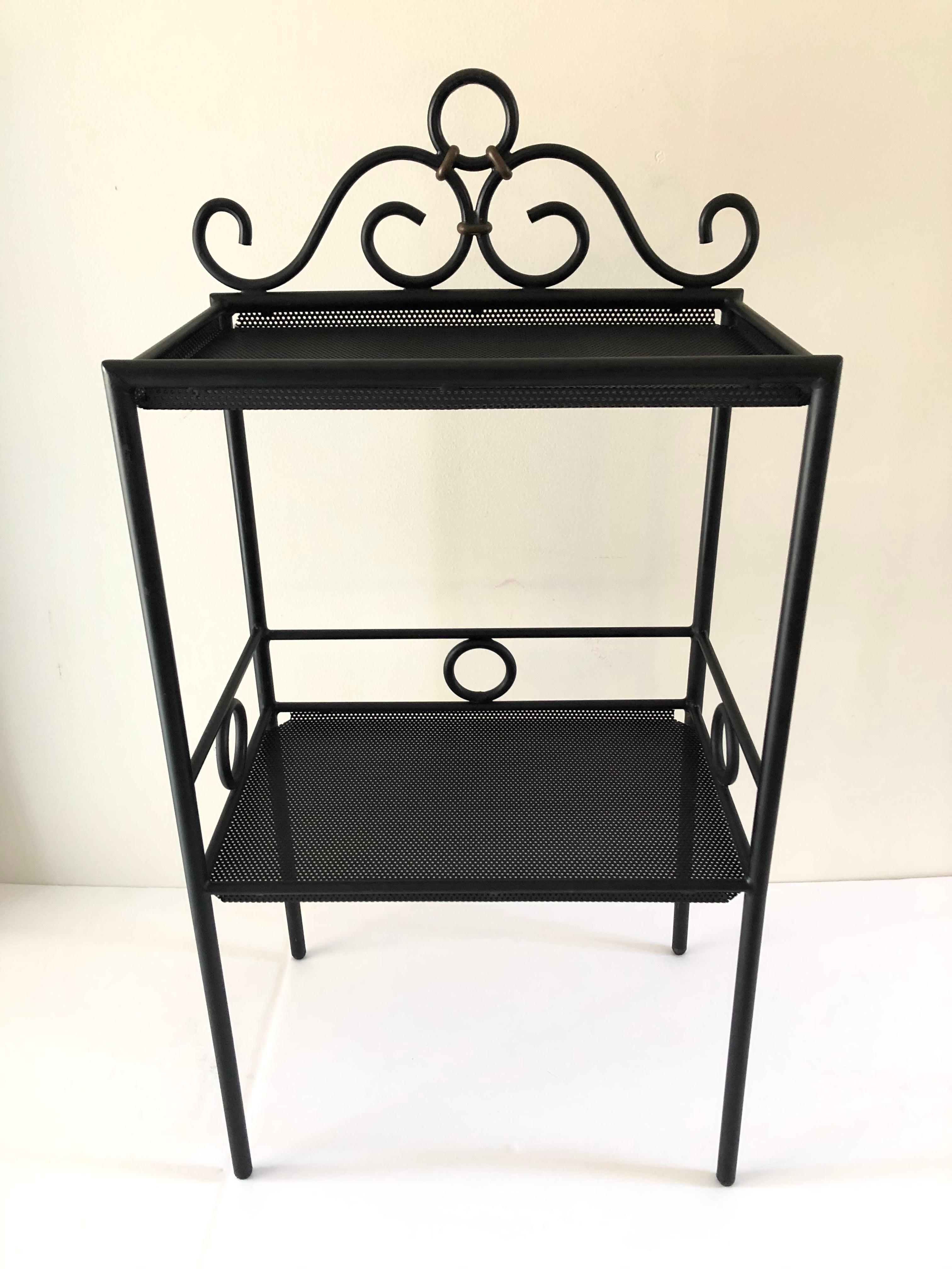 Mid-Century Modern Mathieu Matégot Iron and Bronze Petite Two Tier Stand or Shelf Display For Sale