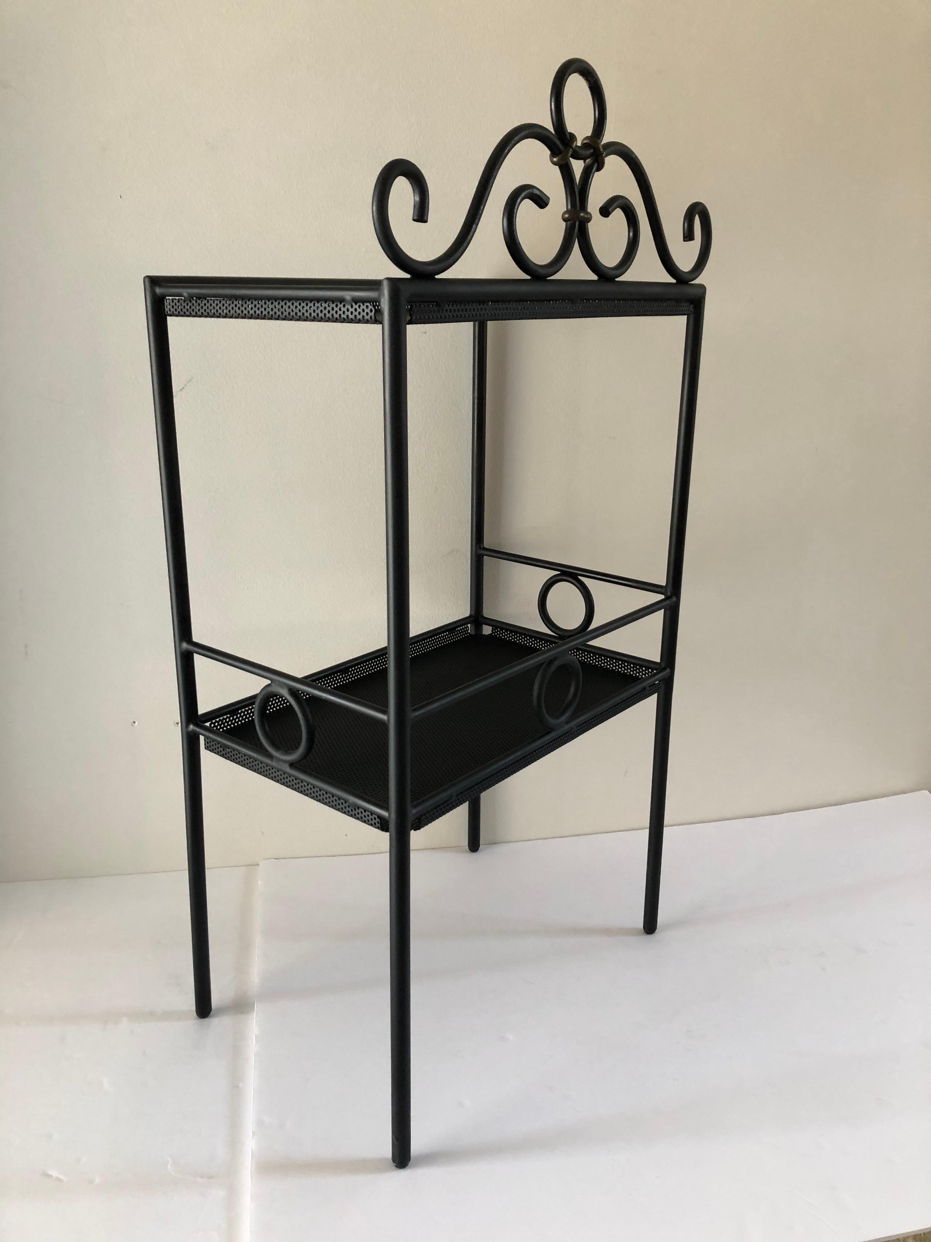 Blackened Mathieu Matégot Iron and Bronze Petite Two Tier Stand or Shelf Display For Sale