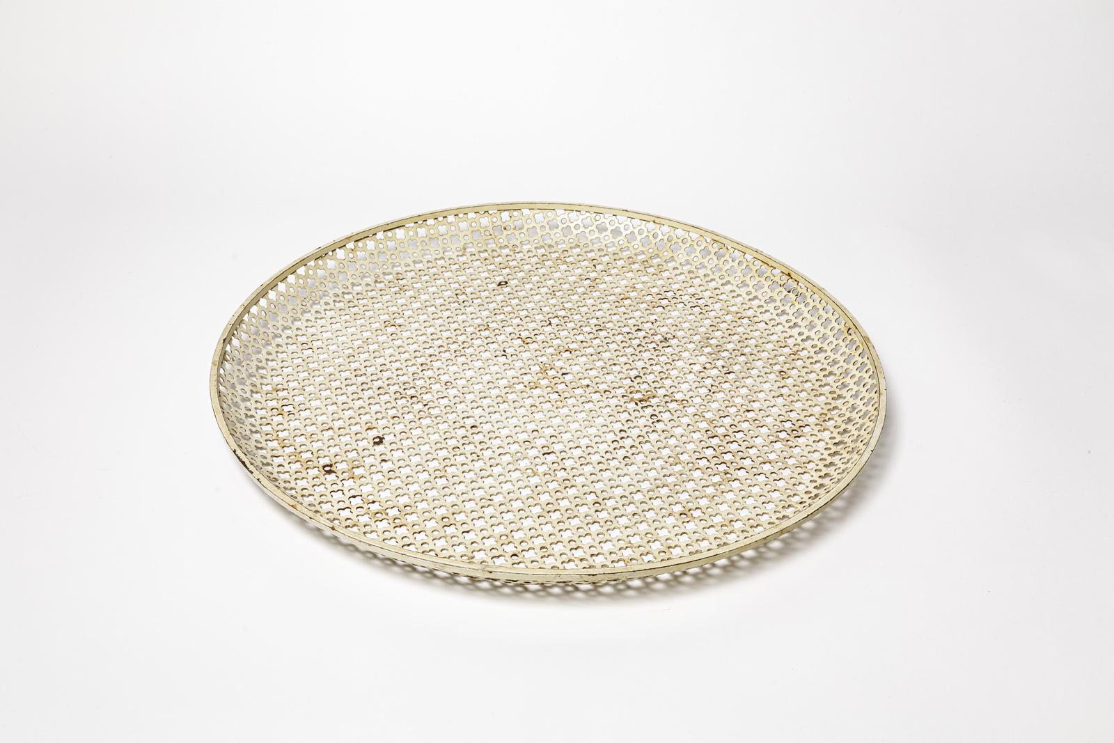 Mid-Century Modern Mathieu Mategot large decorative white metal plate or basket or vide-poche 1950 For Sale
