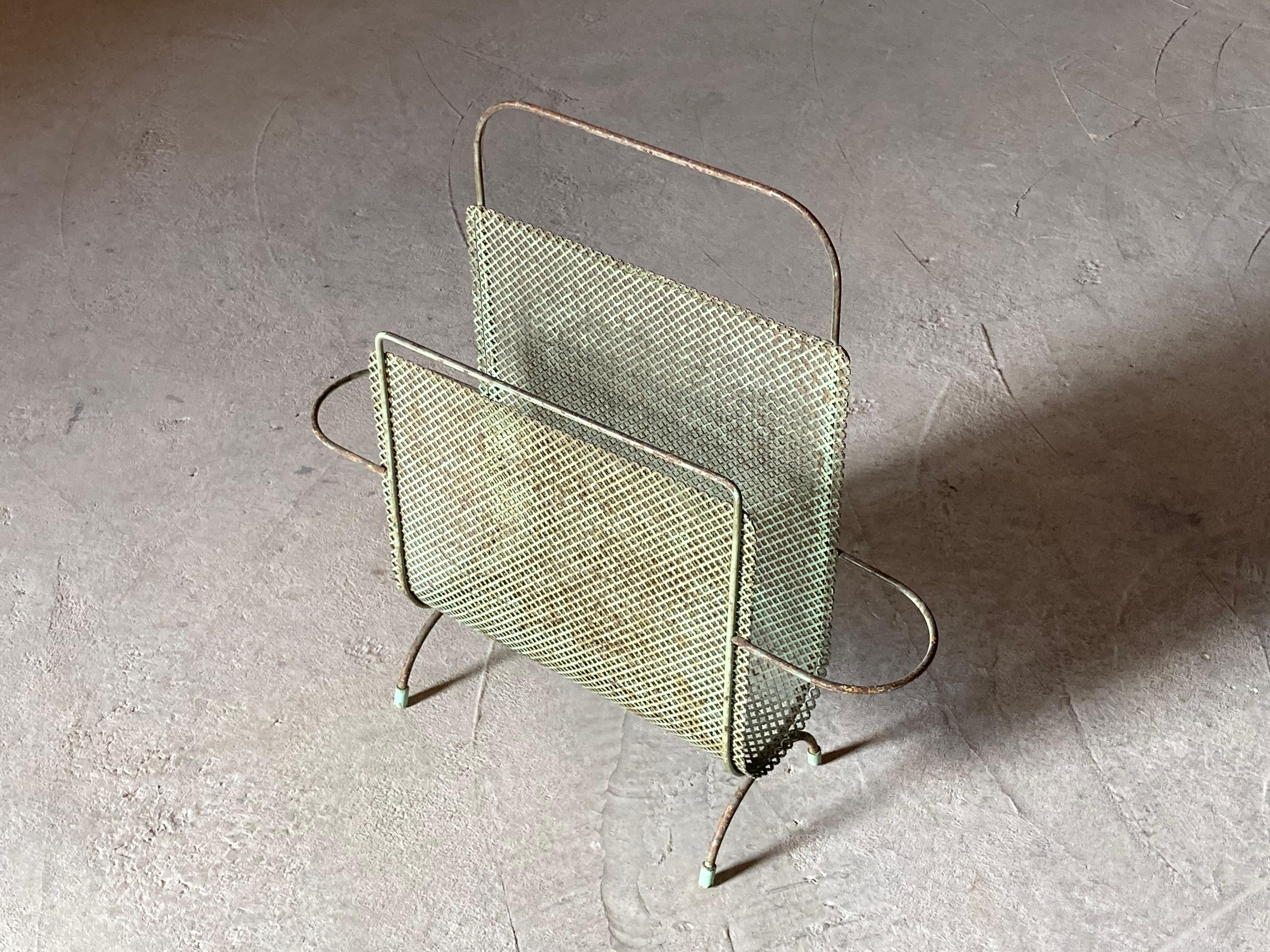 Mathieu Matégot magazine holder in colour green metal. Original condition, wear consistent with age and use.