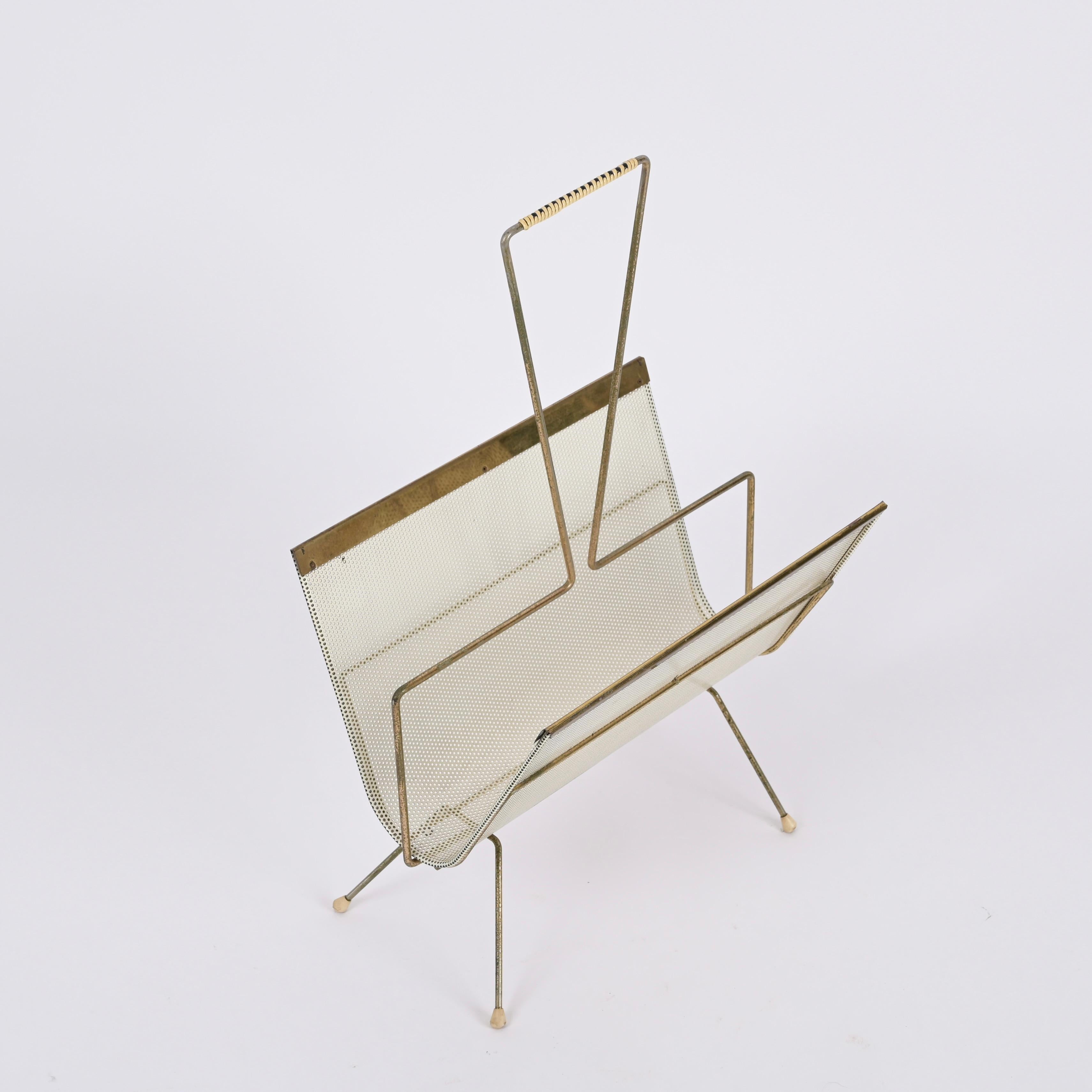 Mathieu Matégot Magazine Rack, Brass and Perforated Ivory Iron, France 1950s For Sale 3