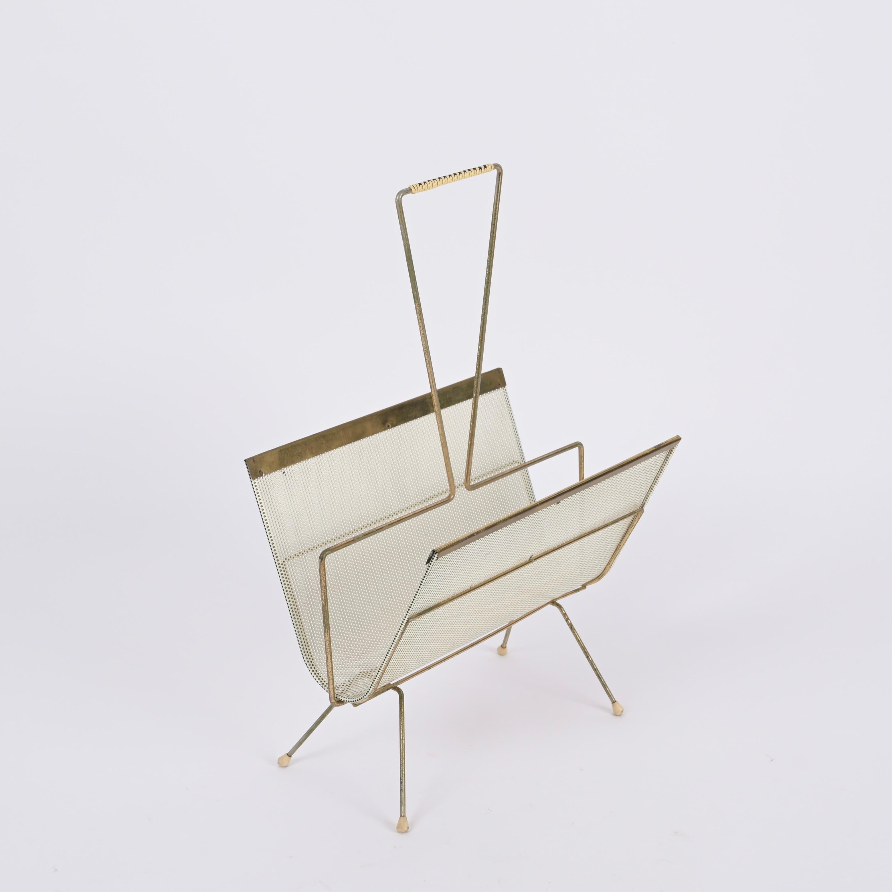 Mathieu Matégot Magazine Rack, Brass and Perforated Ivory Iron, France 1950s For Sale 4