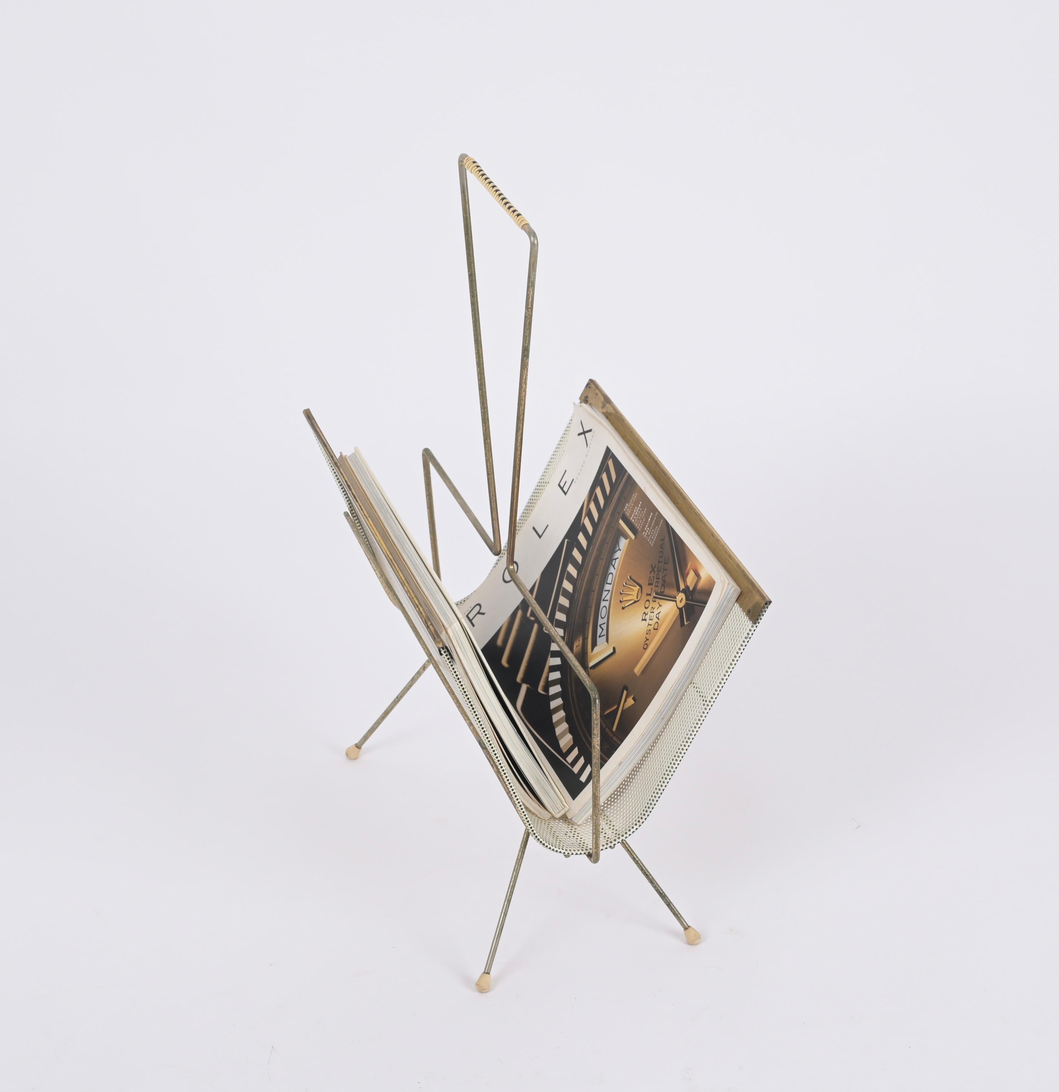 Mid-Century Modern Mathieu Matégot Magazine Rack, Brass and Perforated Ivory Iron, France 1950s For Sale