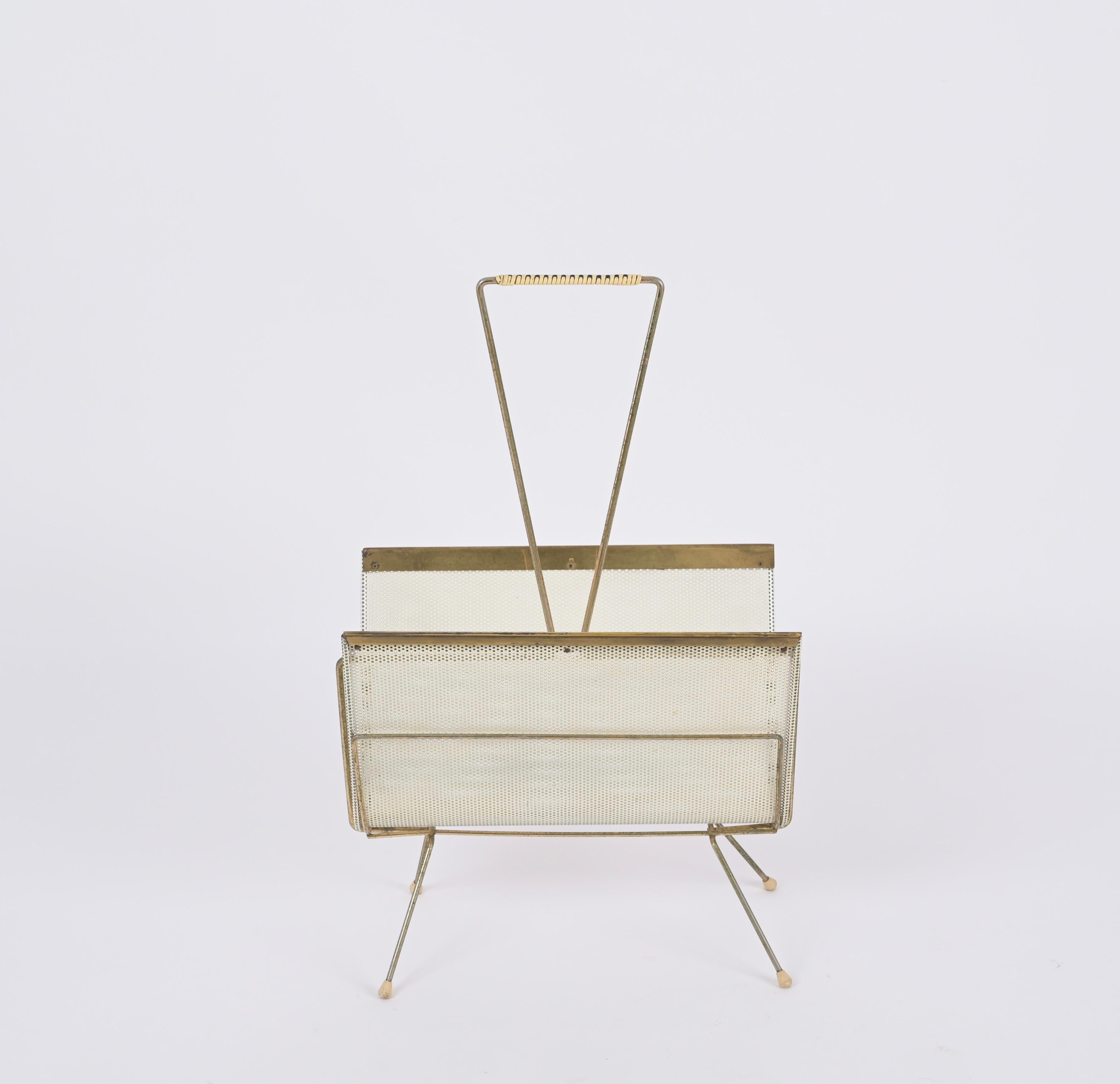 French Mathieu Matégot Magazine Rack, Brass and Perforated Ivory Iron, France 1950s For Sale