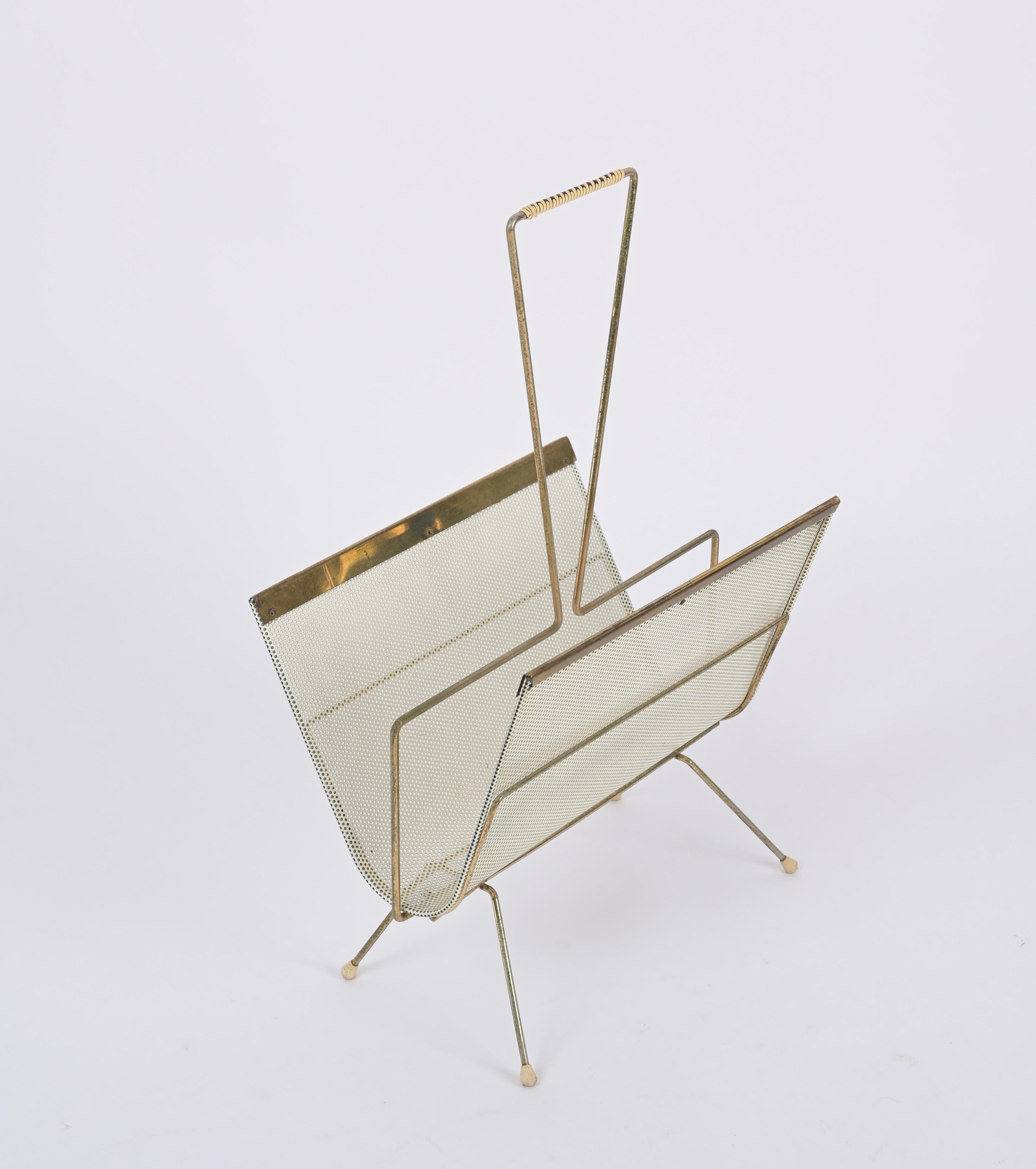 Enameled Mathieu Matégot Magazine Rack, Brass and Perforated Ivory Iron, France 1950s For Sale