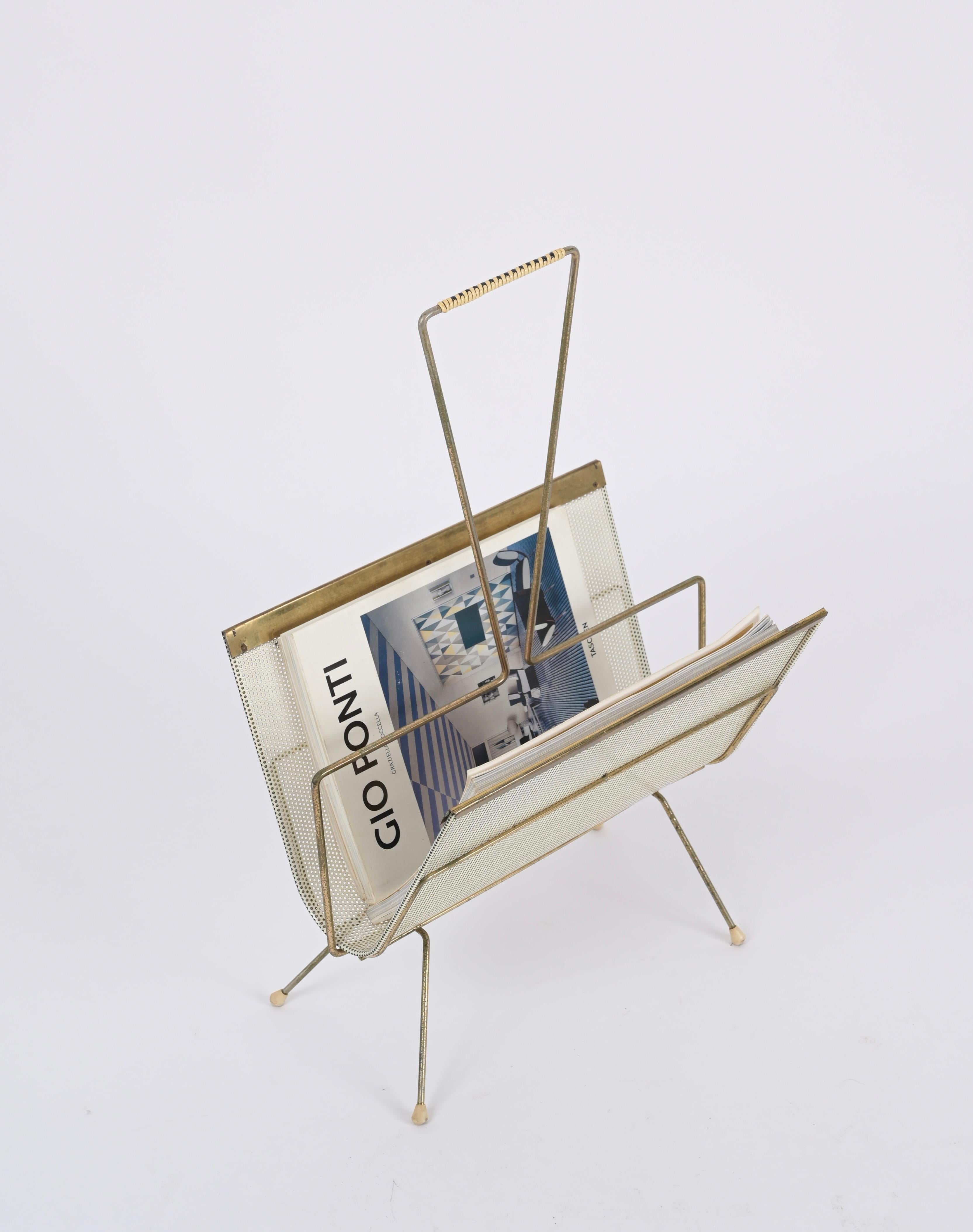 Mathieu Matégot Magazine Rack, Brass and Perforated Ivory Iron, France 1950s In Good Condition For Sale In Roma, IT