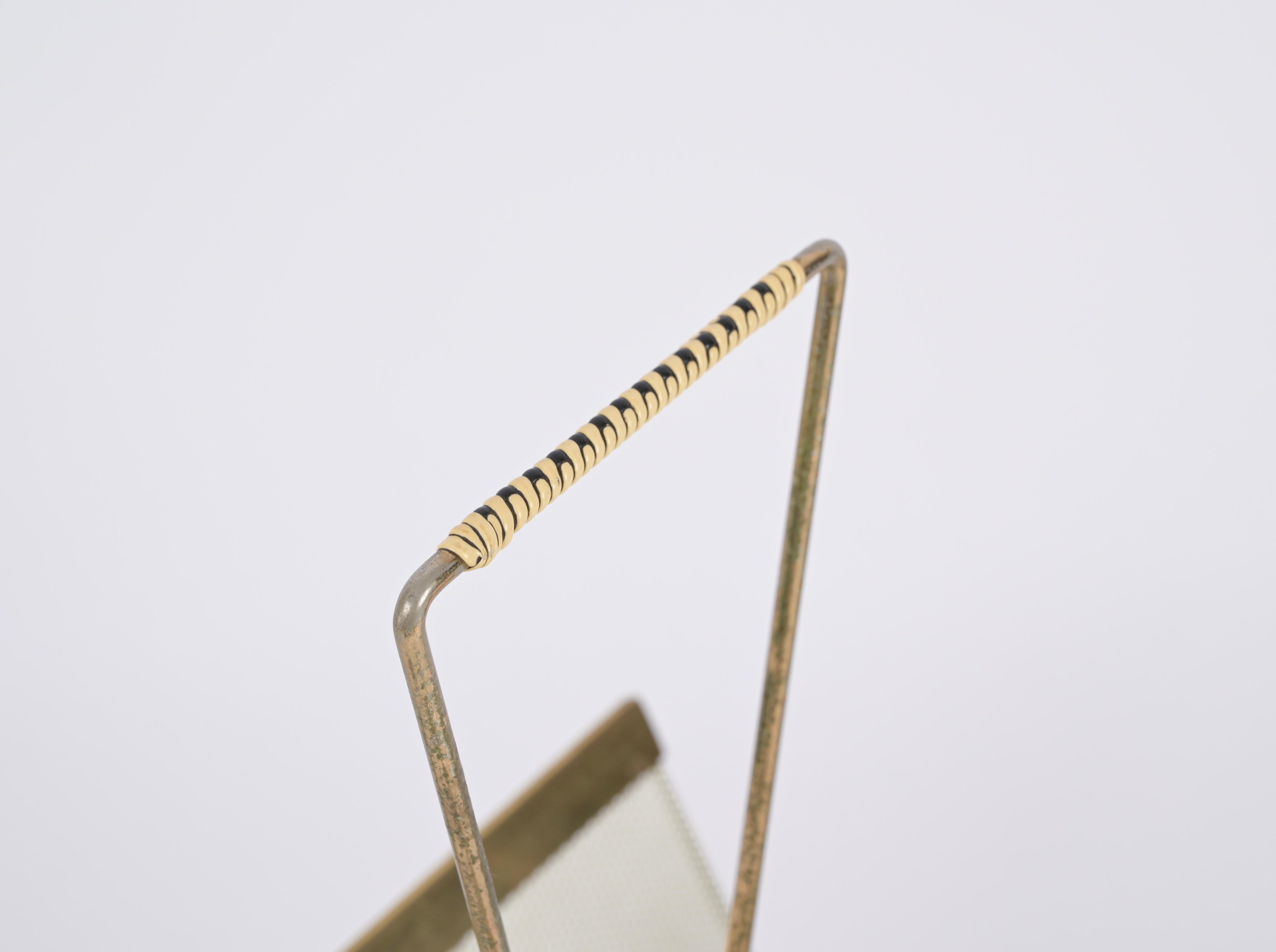 Mid-20th Century Mathieu Matégot Magazine Rack, Brass and Perforated Ivory Iron, France 1950s For Sale