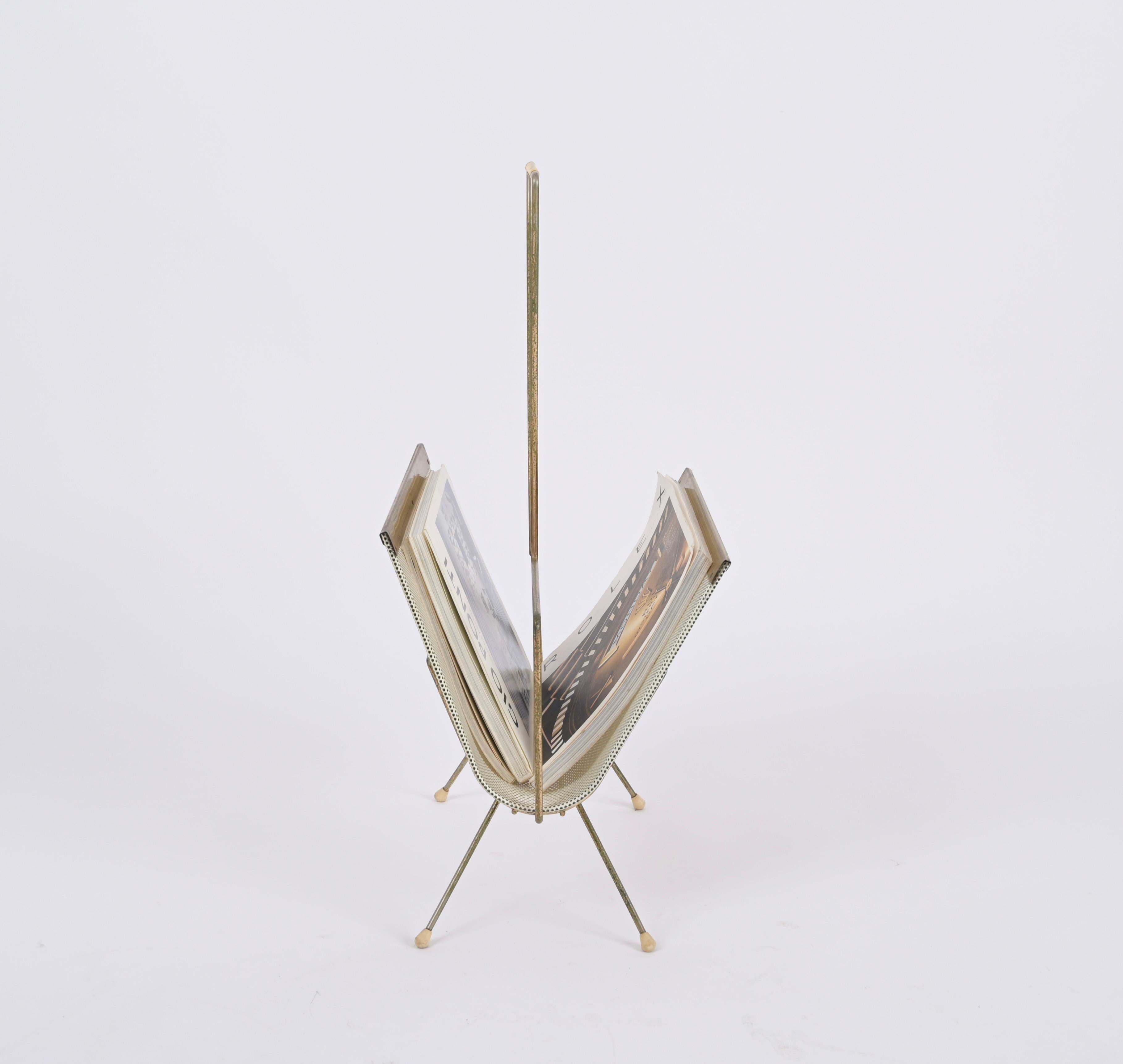 Mathieu Matégot Magazine Rack, Brass and Perforated Ivory Iron, France 1950s For Sale 1