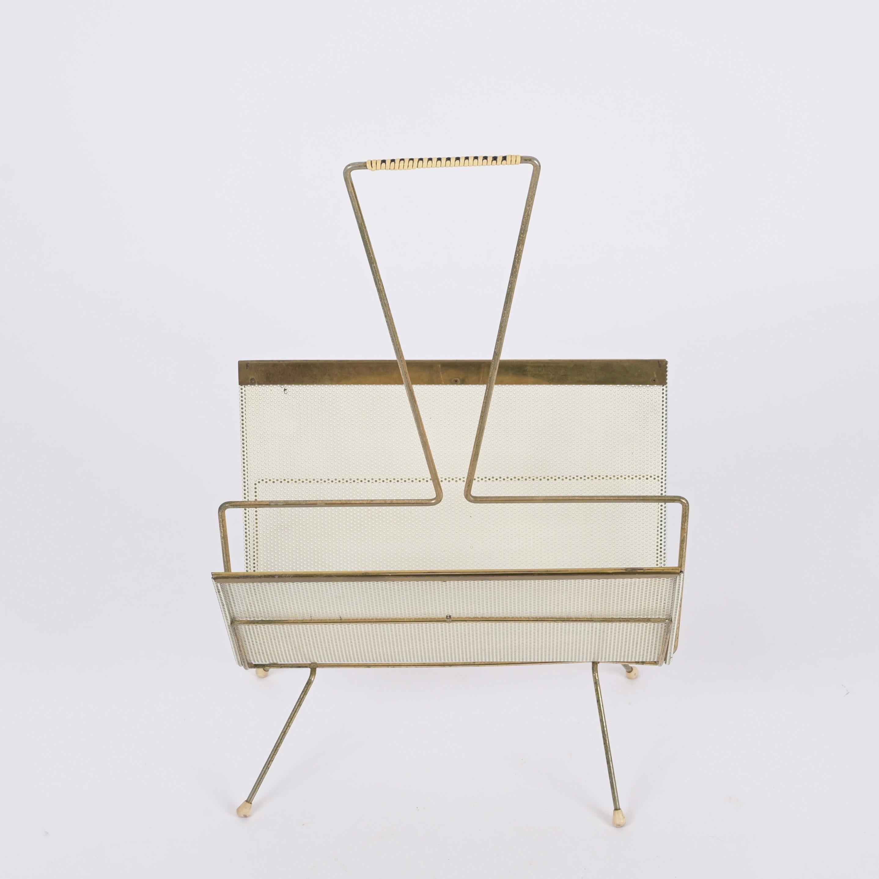 Mathieu Matégot Magazine Rack, Brass and Perforated Ivory Iron, France 1950s For Sale 2