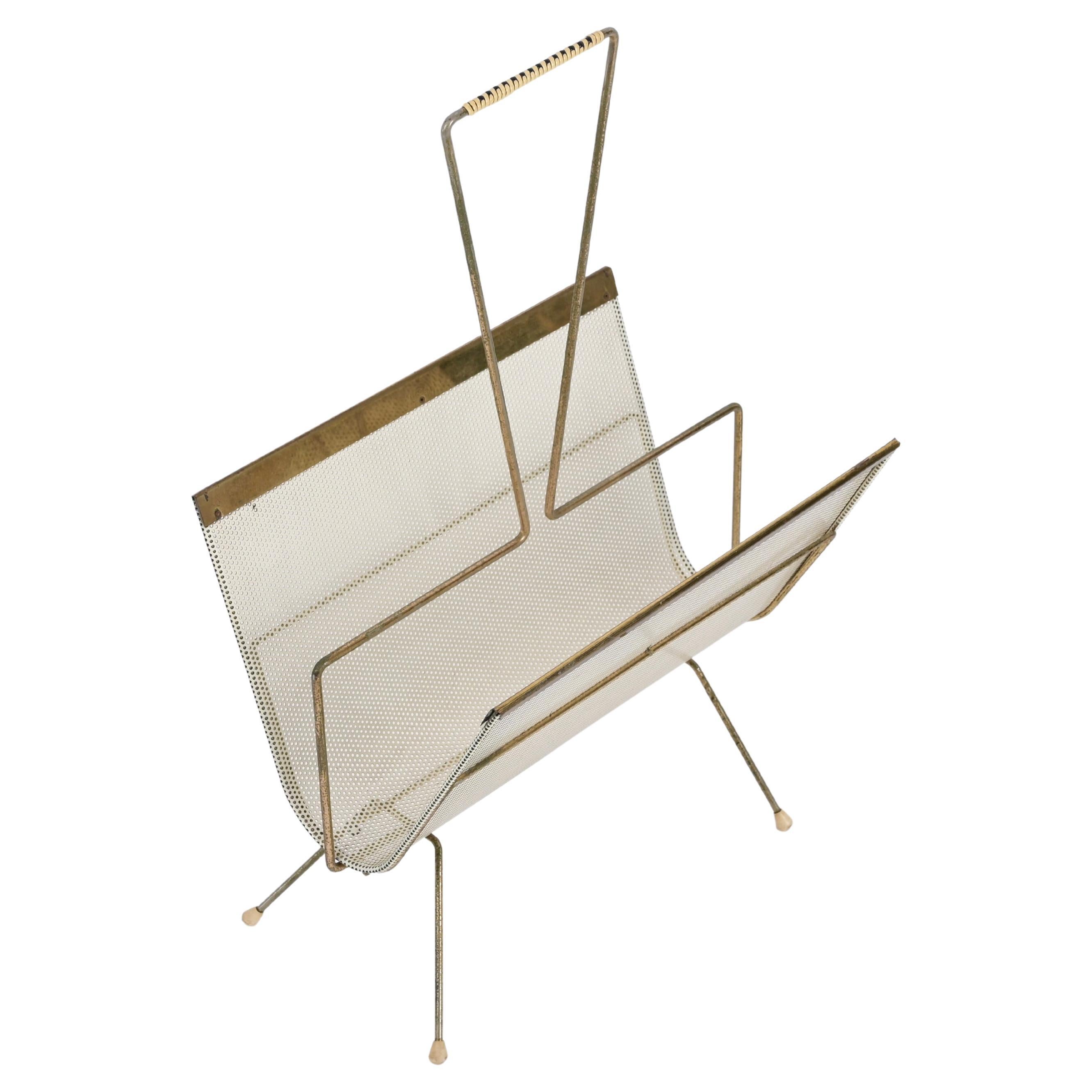 Mathieu Matégot Magazine Rack, Brass and Perforated Ivory Iron, France 1950s For Sale