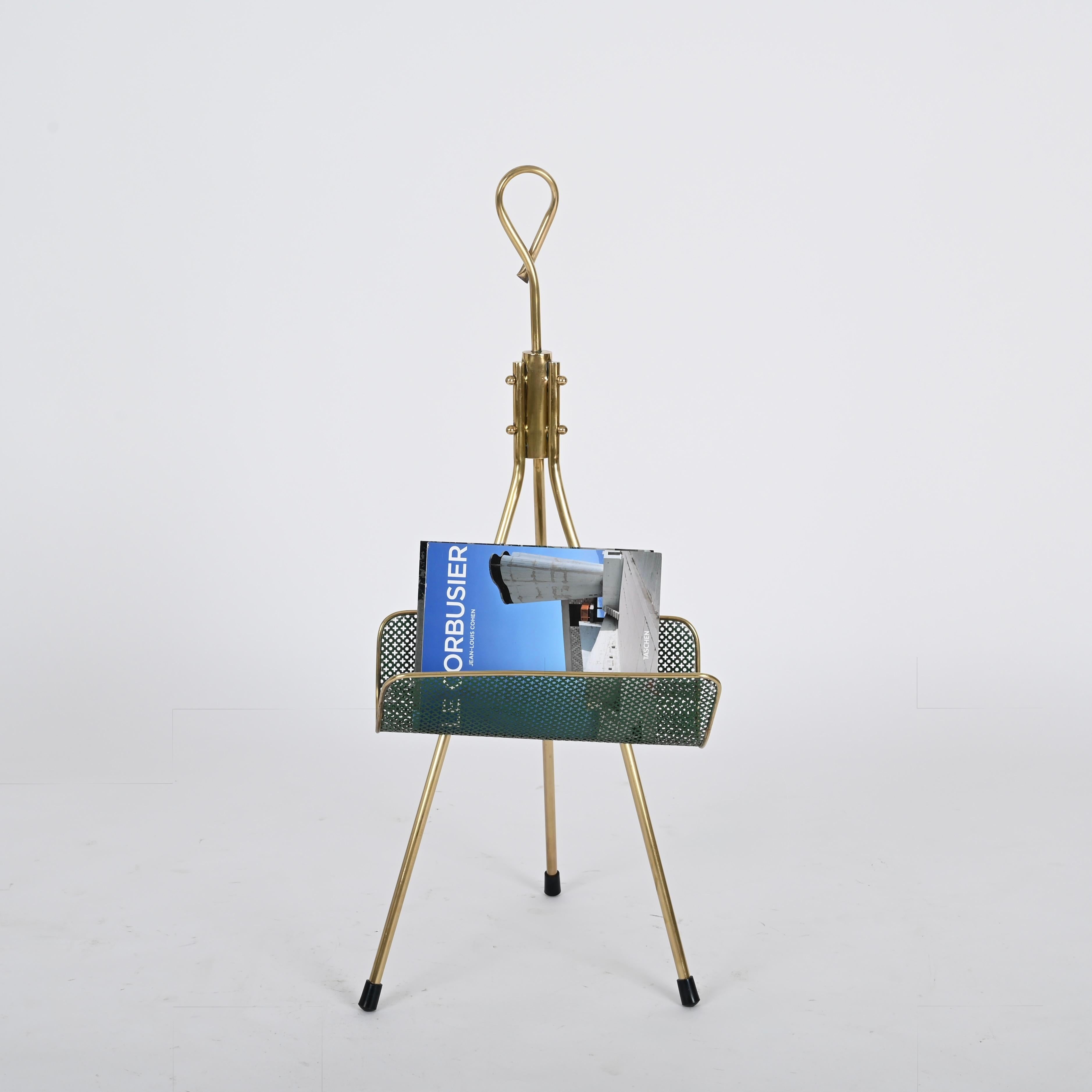 Mathieu Matégot Magazine Rack in Brass and Decorated Green Iron, France 1950s For Sale 4