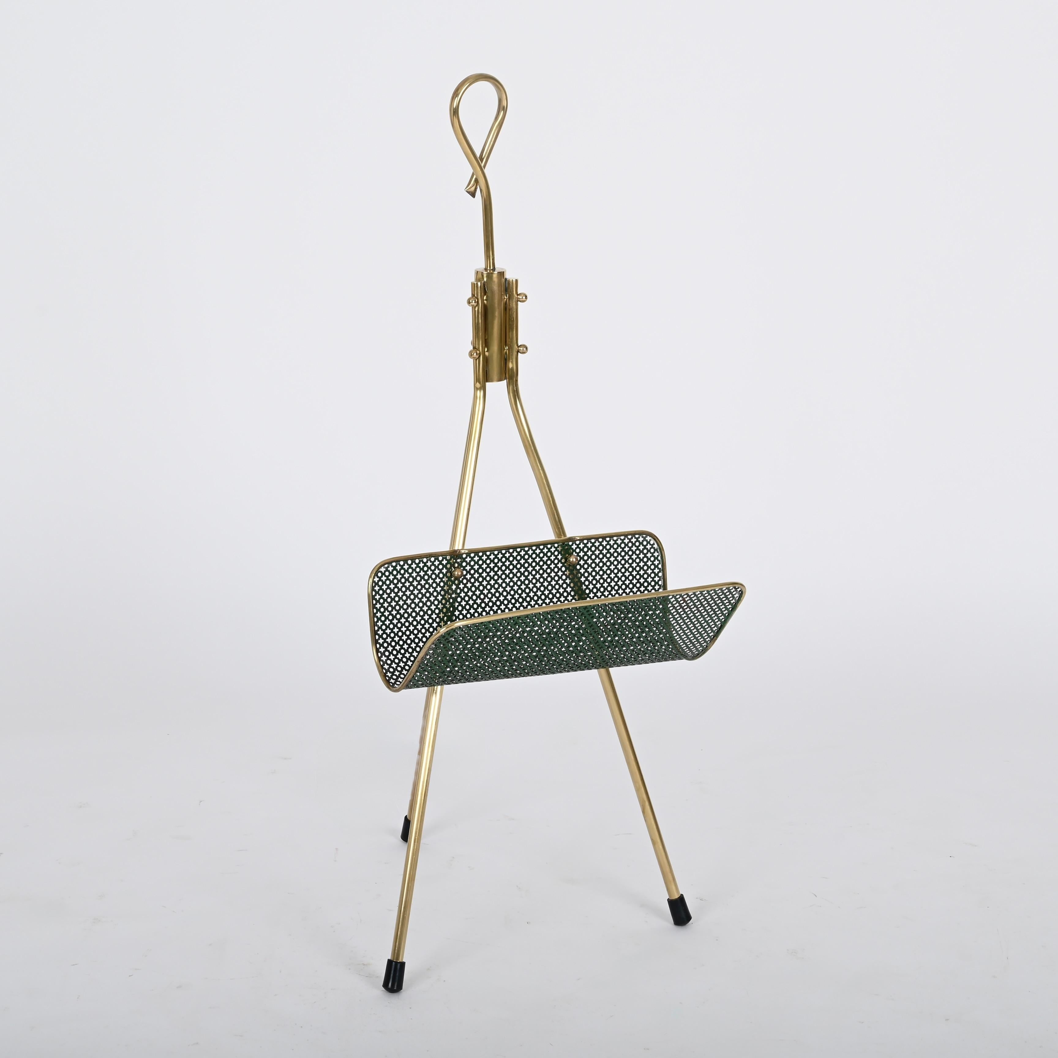 Mathieu Matégot Magazine Rack in Brass and Decorated Green Iron, France 1950s For Sale 5