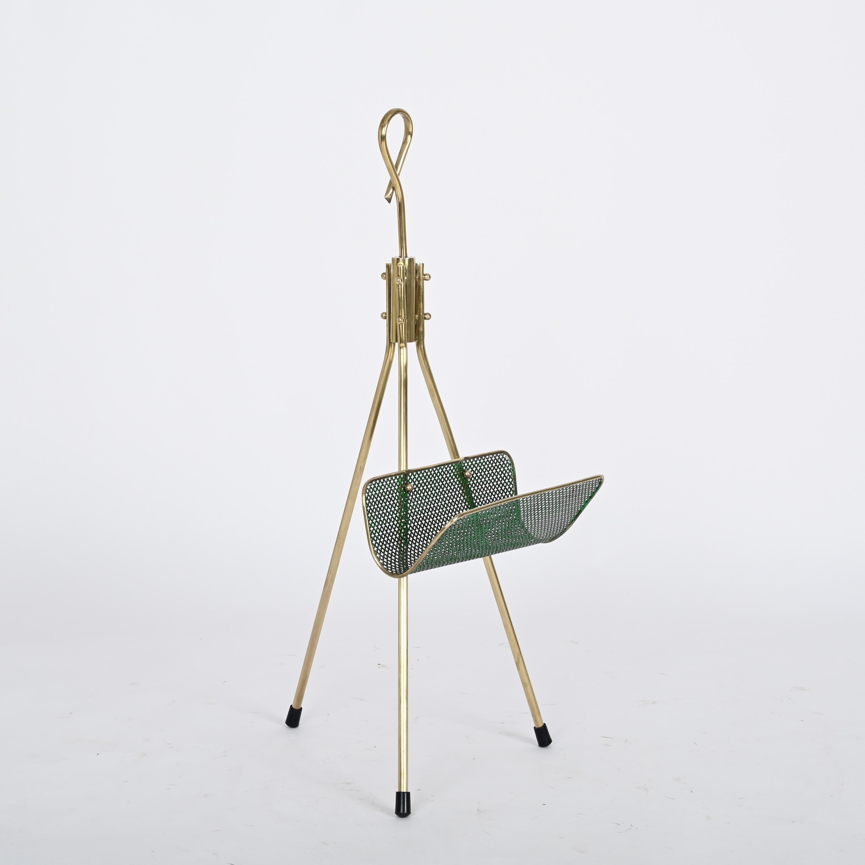 Mathieu Matégot Magazine Rack in Brass and Decorated Green Iron, France 1950s For Sale 7