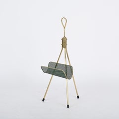 Mathieu Matégot Magazine Rack in Brass and Decorated Green Iron, France 1950s