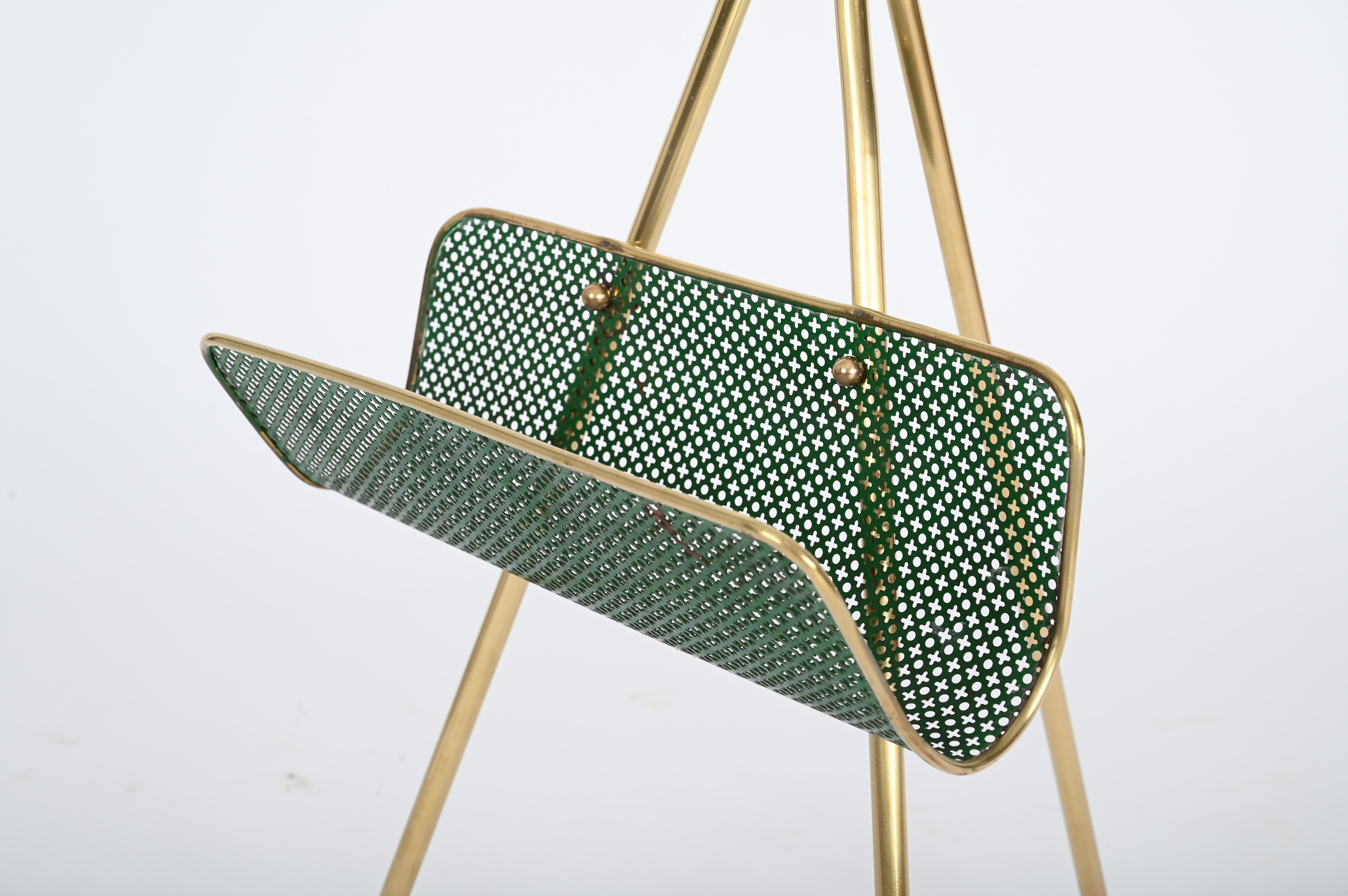 Mid-Century Modern Mathieu Matégot Magazine Rack in Brass and Decorated Green Iron, France 1950s For Sale