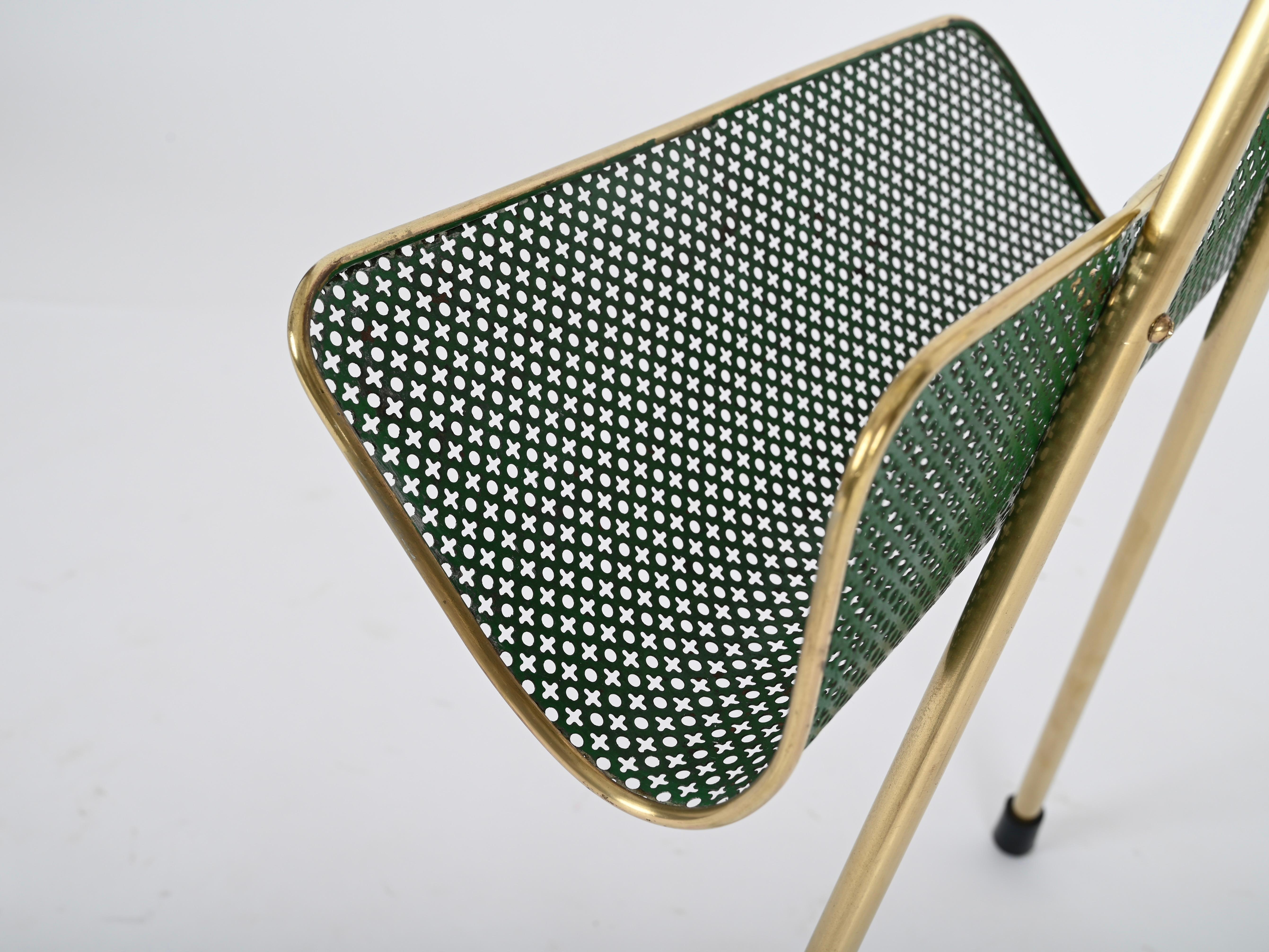 French Mathieu Matégot Magazine Rack in Brass and Decorated Green Iron, France 1950s For Sale