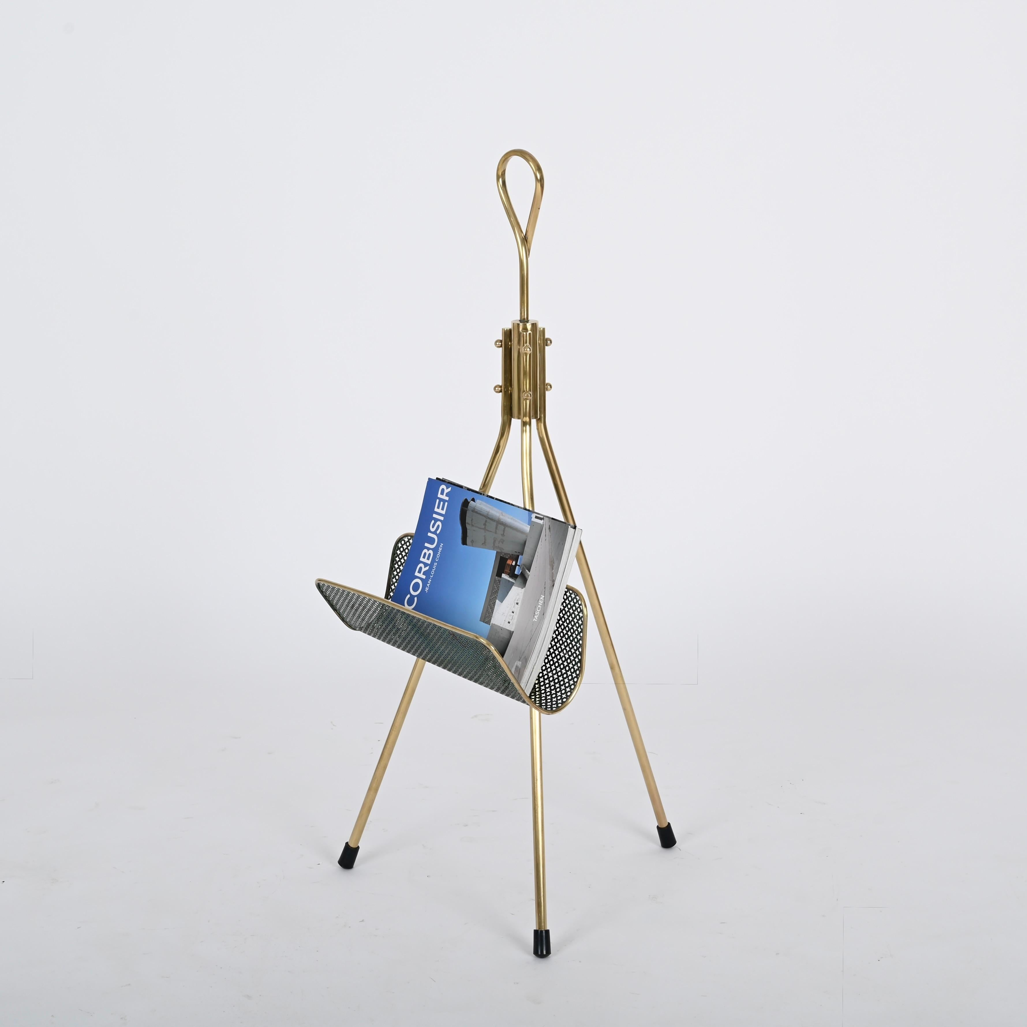 Enameled Mathieu Matégot Magazine Rack in Brass and Decorated Green Iron, France 1950s For Sale